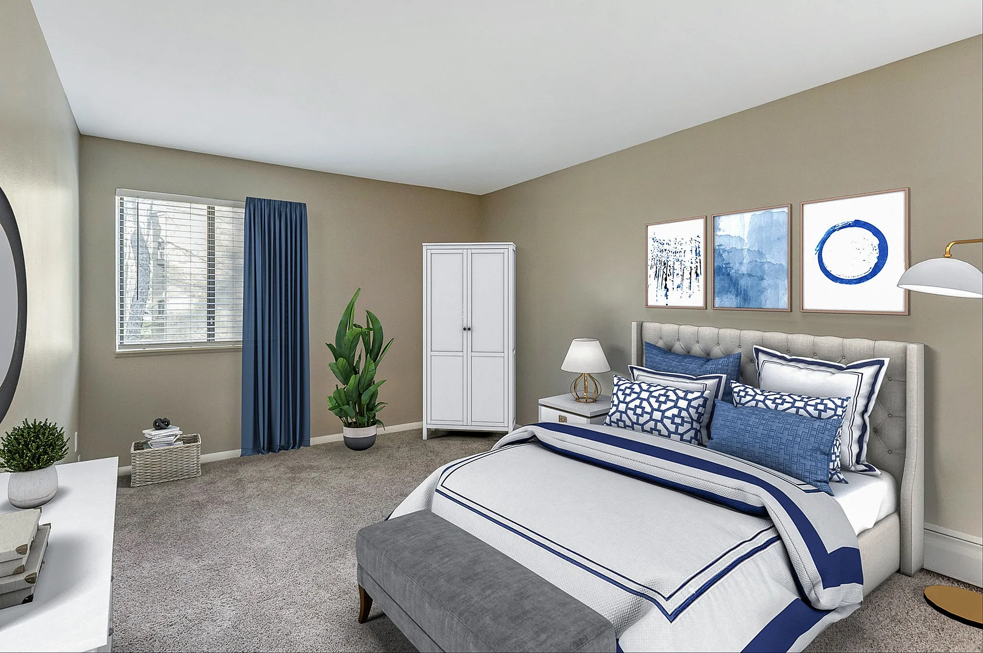 Elegant bedroom with plush carpet, stylish blue and white bedding, modern decor, and abundant natural light.