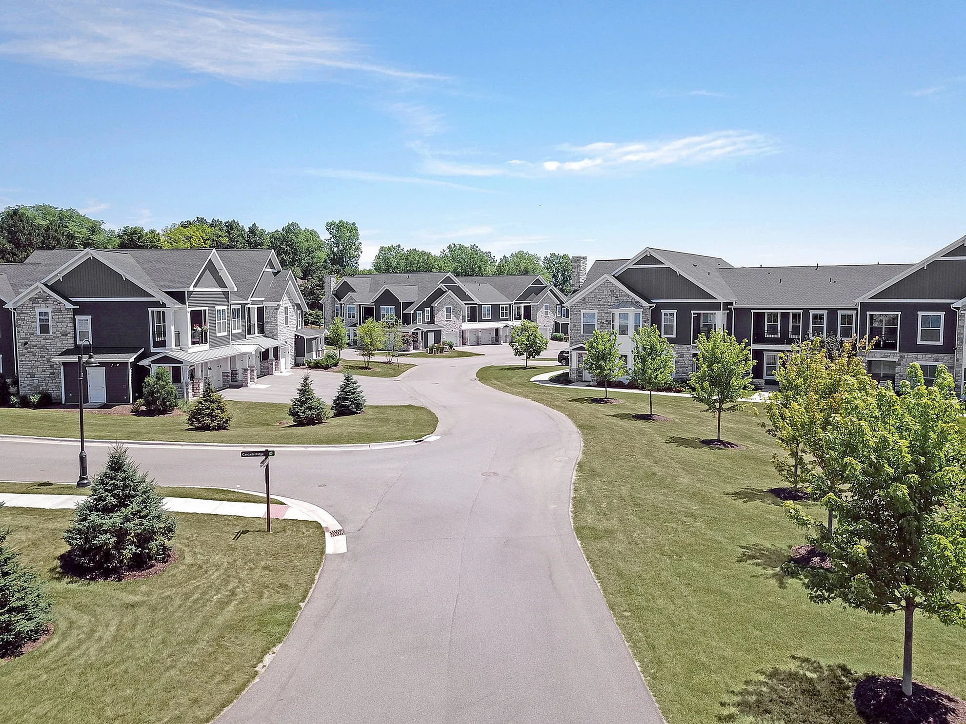 Charming suburban neighborhood with modern two-story homes, lush green lawns, and a tranquil street view.