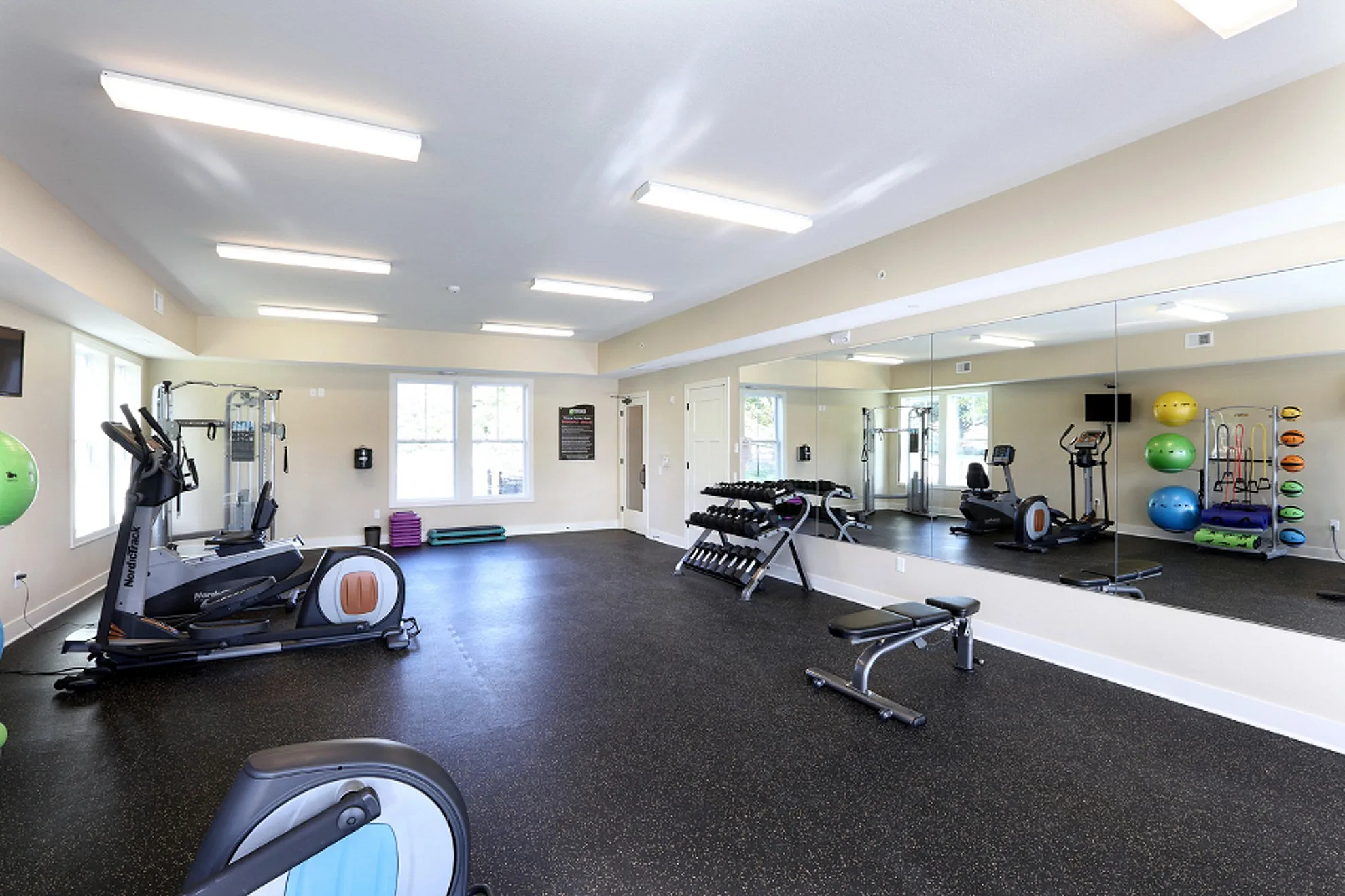 Modern fitness center with state-of-the-art gym equipment, expansive mirror wall, and vibrant yoga balls, offering a bright and inviting workout space.