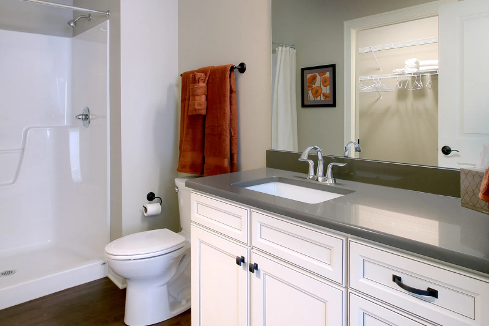 Elegantly designed modern bathroom with sleek vanity, glass-enclosed shower, and convenient closet space.