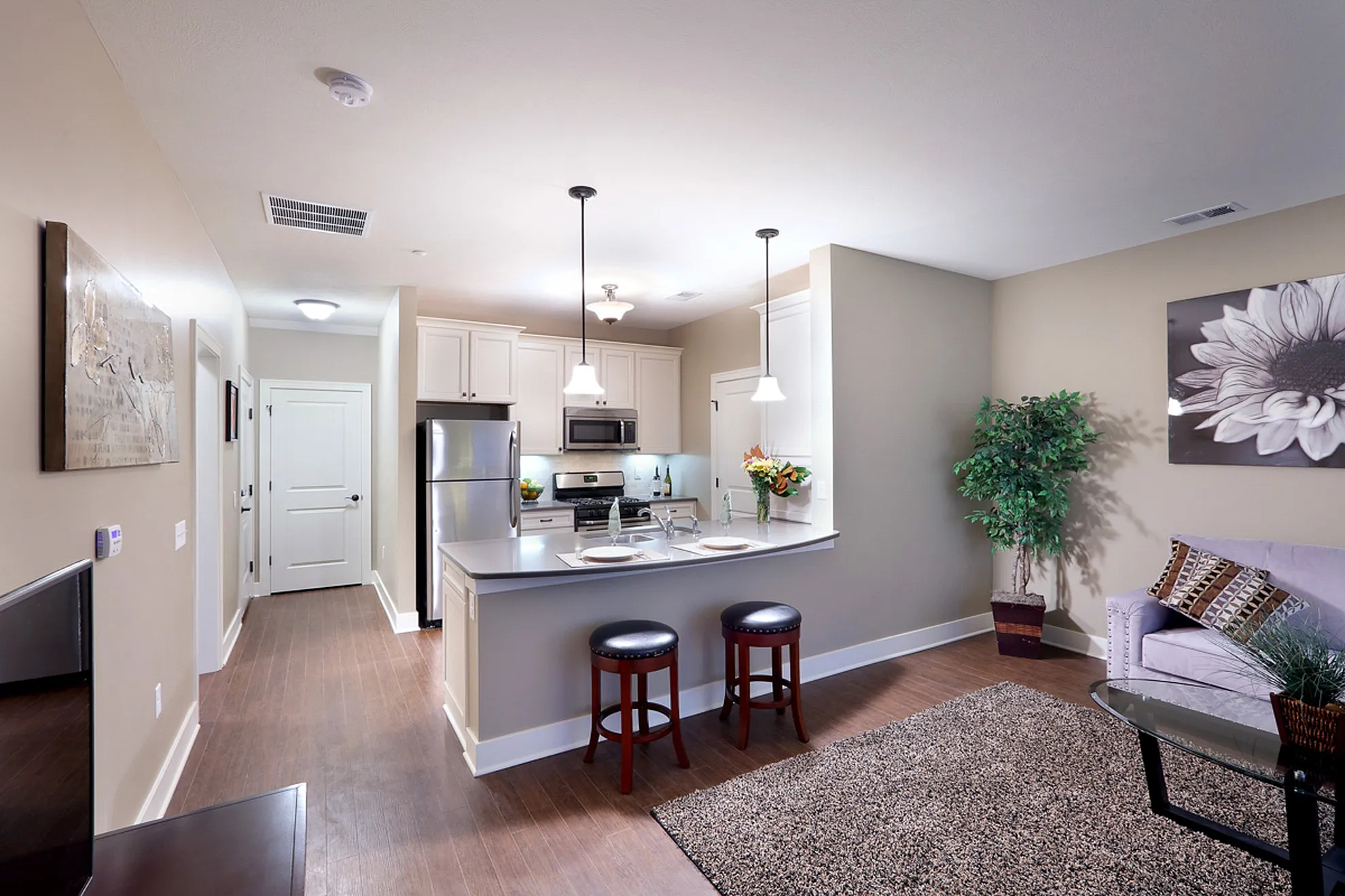 Modern apartment interior with sleek kitchen, elegant pendant lighting, and cozy living space featuring hardwood floors and stylish decor.
