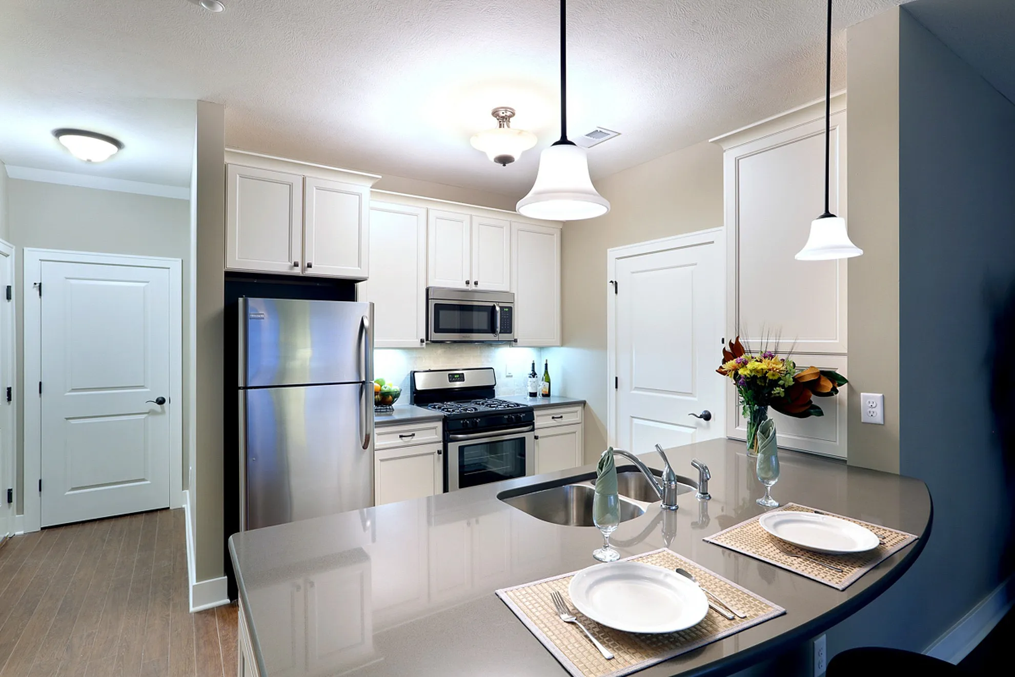 Modern kitchen design with sleek stainless steel appliances, elegant pendant lighting, and a stylish breakfast bar for cozy dining.