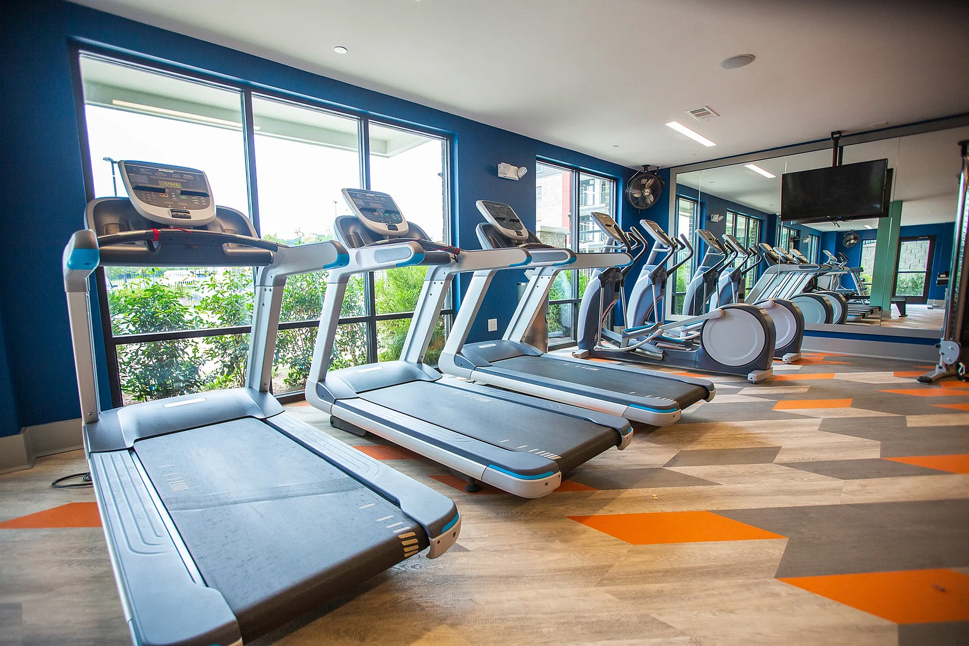 Modern fitness center with state-of-the-art treadmills and expansive windows showcasing lush greenery.