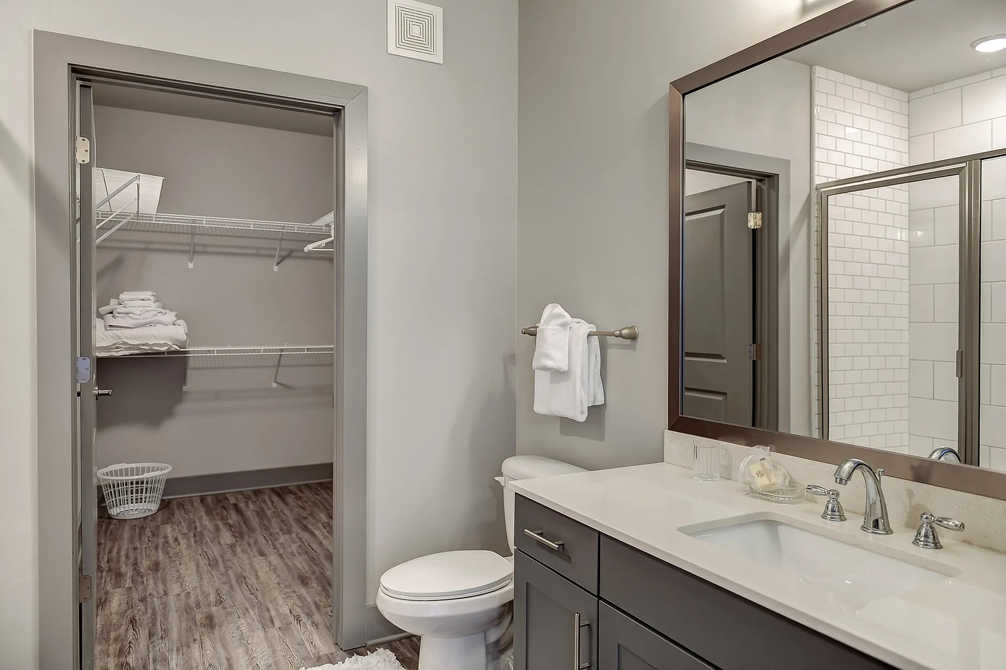 Modern bathroom with elegant gray cabinetry, a spacious vanity mirror, and a neatly organized walk-in closet.