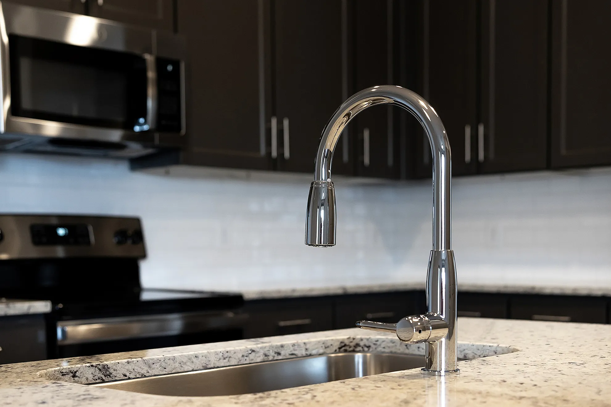 Elegant kitchen with sleek granite countertops, modern stainless steel faucet, and stylish dark cabinetry.