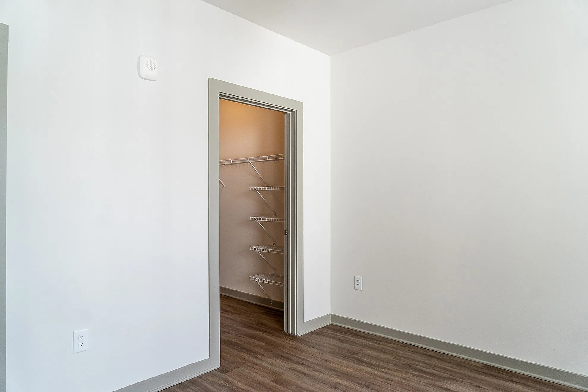 Modern apartment room featuring sleek wooden flooring and a versatile walk-in closet with ample shelving.