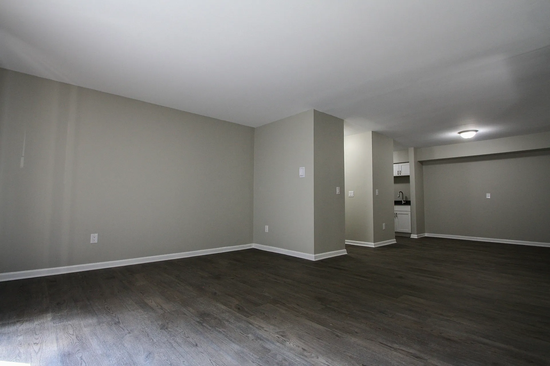 Spacious open-concept living area with sleek hardwood floors and neutral wall tones, ideal for modern living.