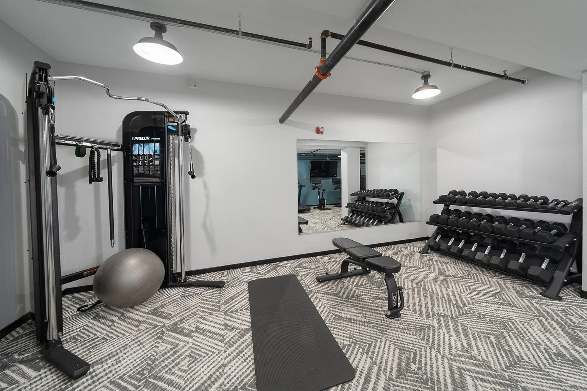 Modern fitness room with state-of-the-art gym equipment, free weights, and a mirrored wall for an enhanced workout experience.