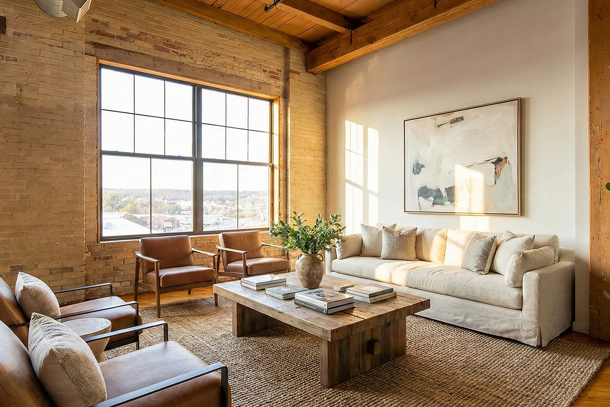 Chic loft-style living room with exposed brick, large windows, warm natural light, and stylish furnishings.