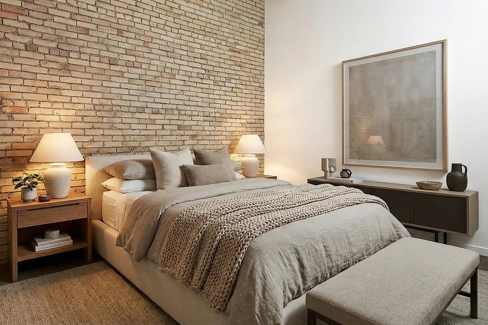 Cozy and stylish bedroom features a textured brick wall, plush bedding, ambient lighting, and elegant decor for a serene atmosphere.