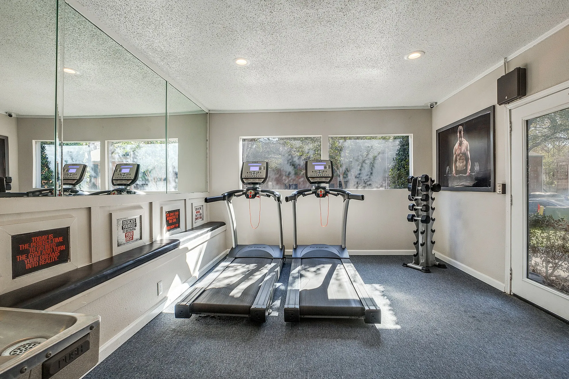 Bright and modern fitness room featuring state-of-the-art treadmills, a mirrored wall, and a serene outdoor view.