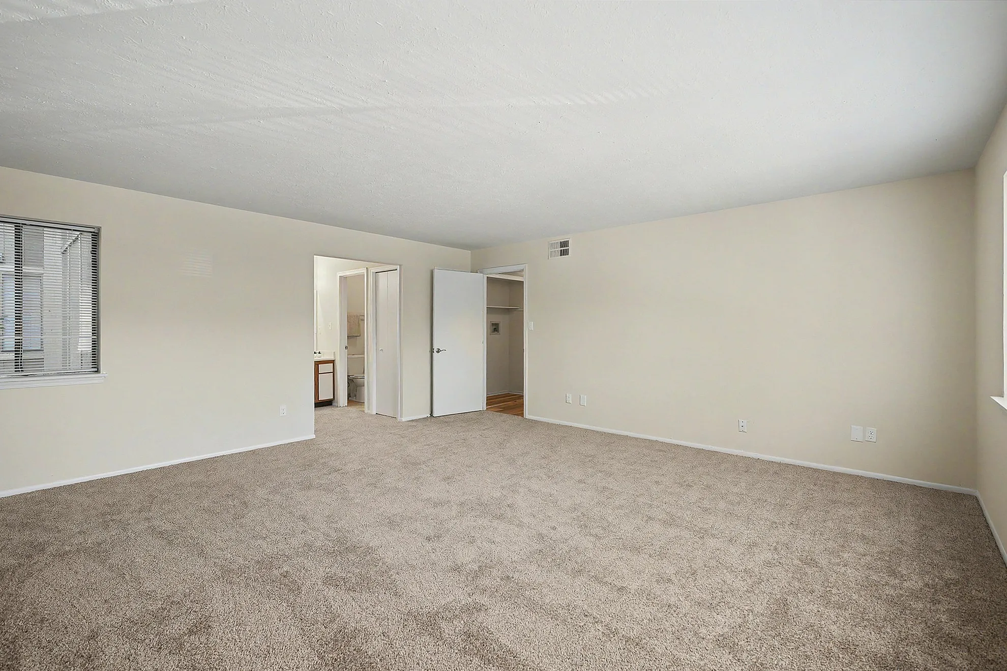 Spacious living area with plush carpet, natural light, and adjacent bathroom, ideal for comfortable living.