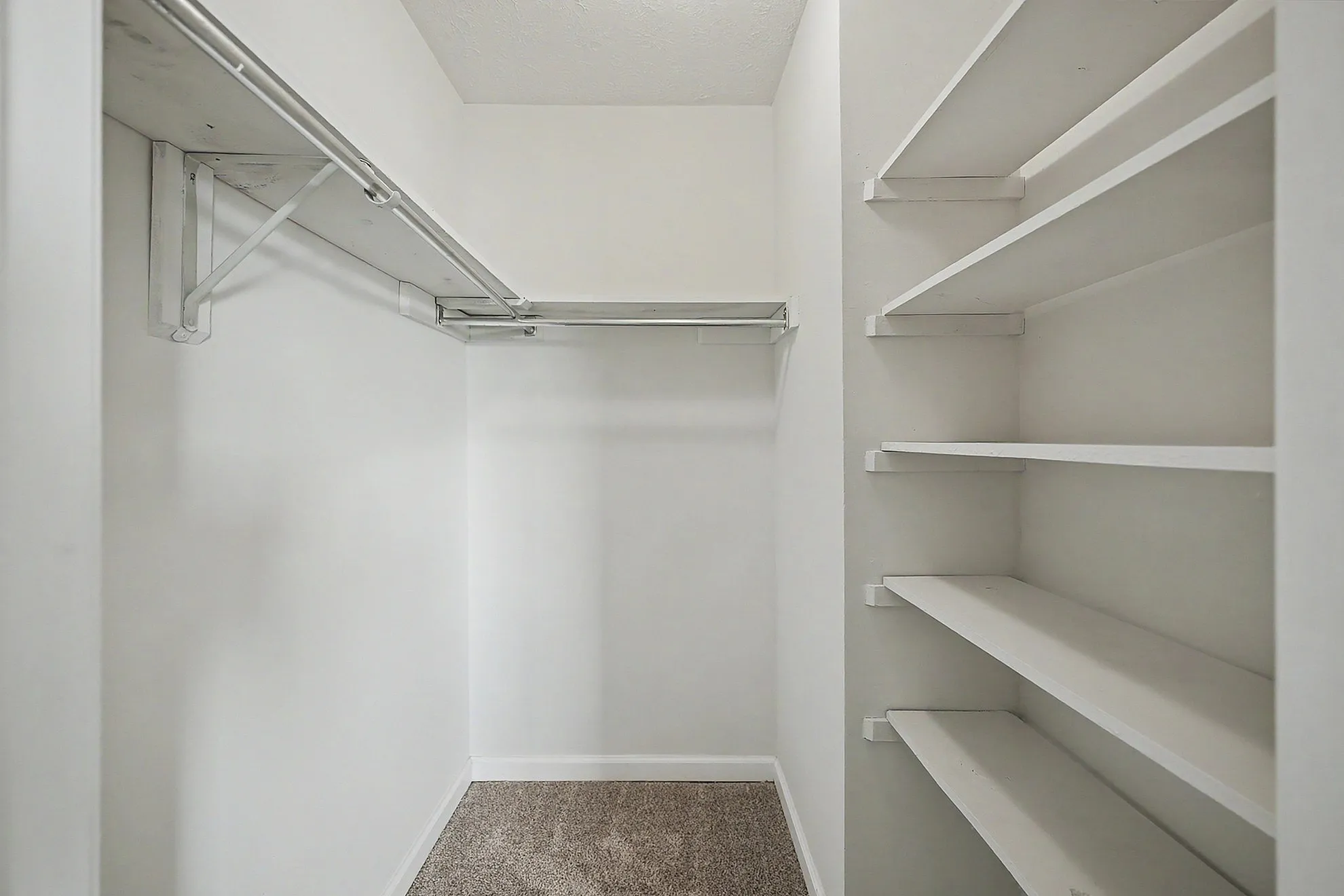 Spacious walk-in closet with built-in shelves and ample hanging space, perfect for organized living.