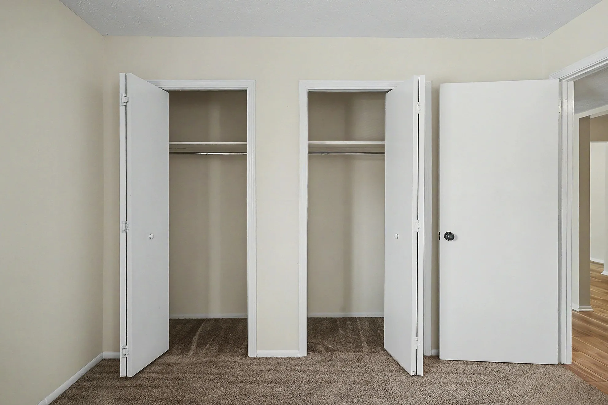 Spacious double closets with sleek white doors in a beautifully carpeted room, offering ample storage space.