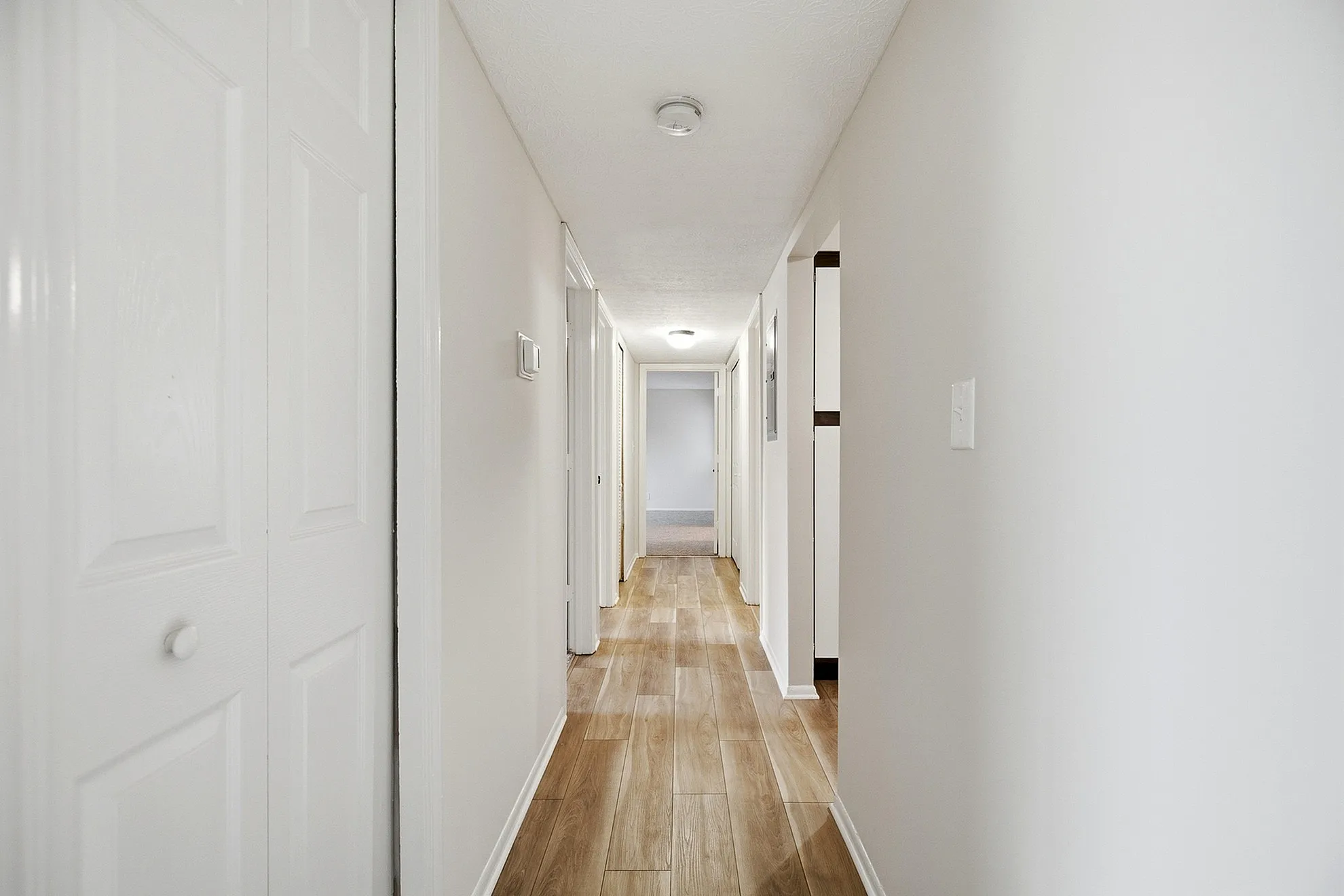 Bright and inviting hallway with sleek wooden flooring and modern lighting, leading to a spacious interior.
