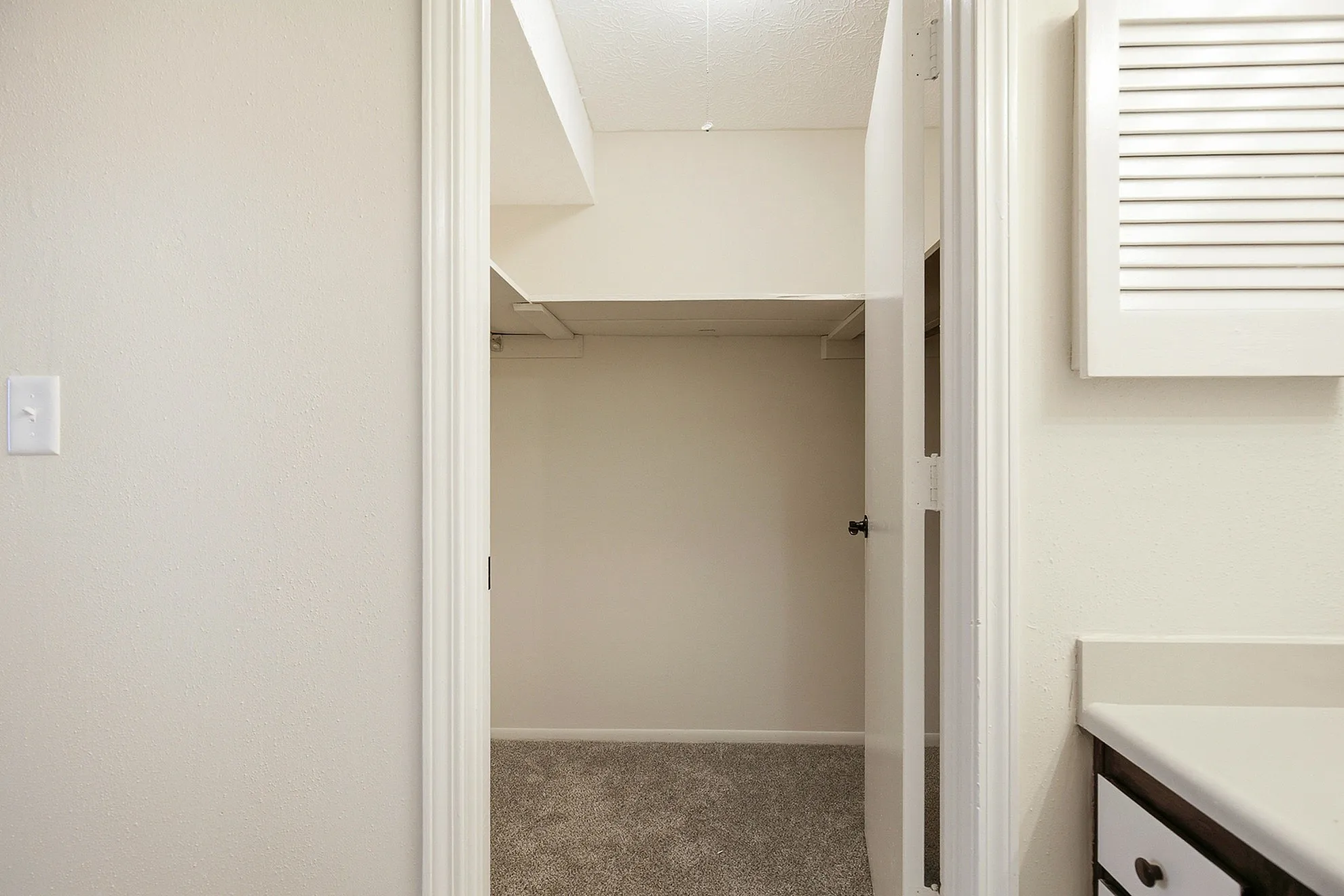 Spacious walk-in closet with plush carpeting and clean white walls, perfect for stylish storage solutions.