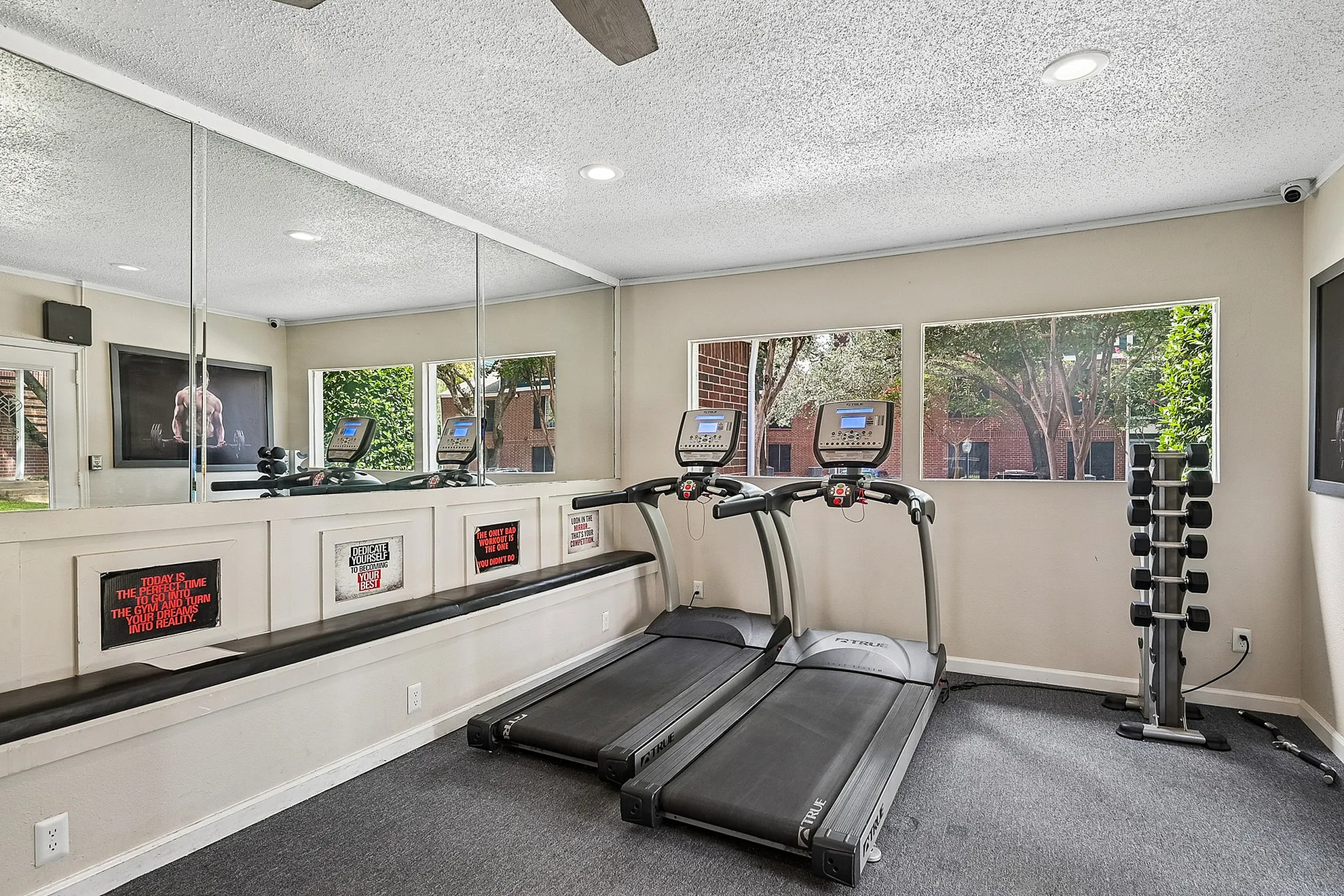 Modern fitness center with bright mirrored walls, two treadmills, and a sleek set of dumbbells offering a vibrant workout space.