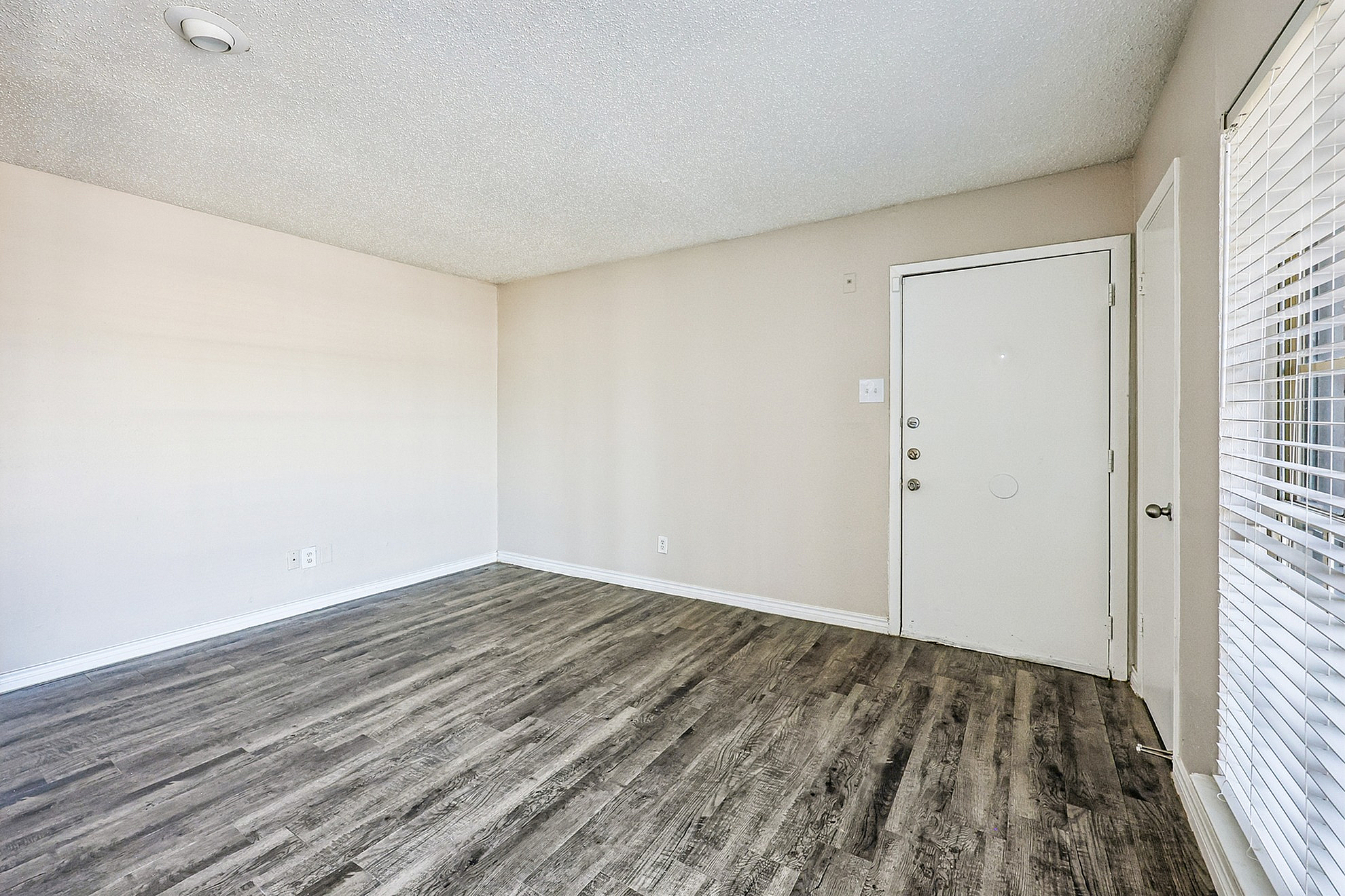 Inviting entrance with modern wood flooring and ample natural light, perfect for a stylish urban apartment.