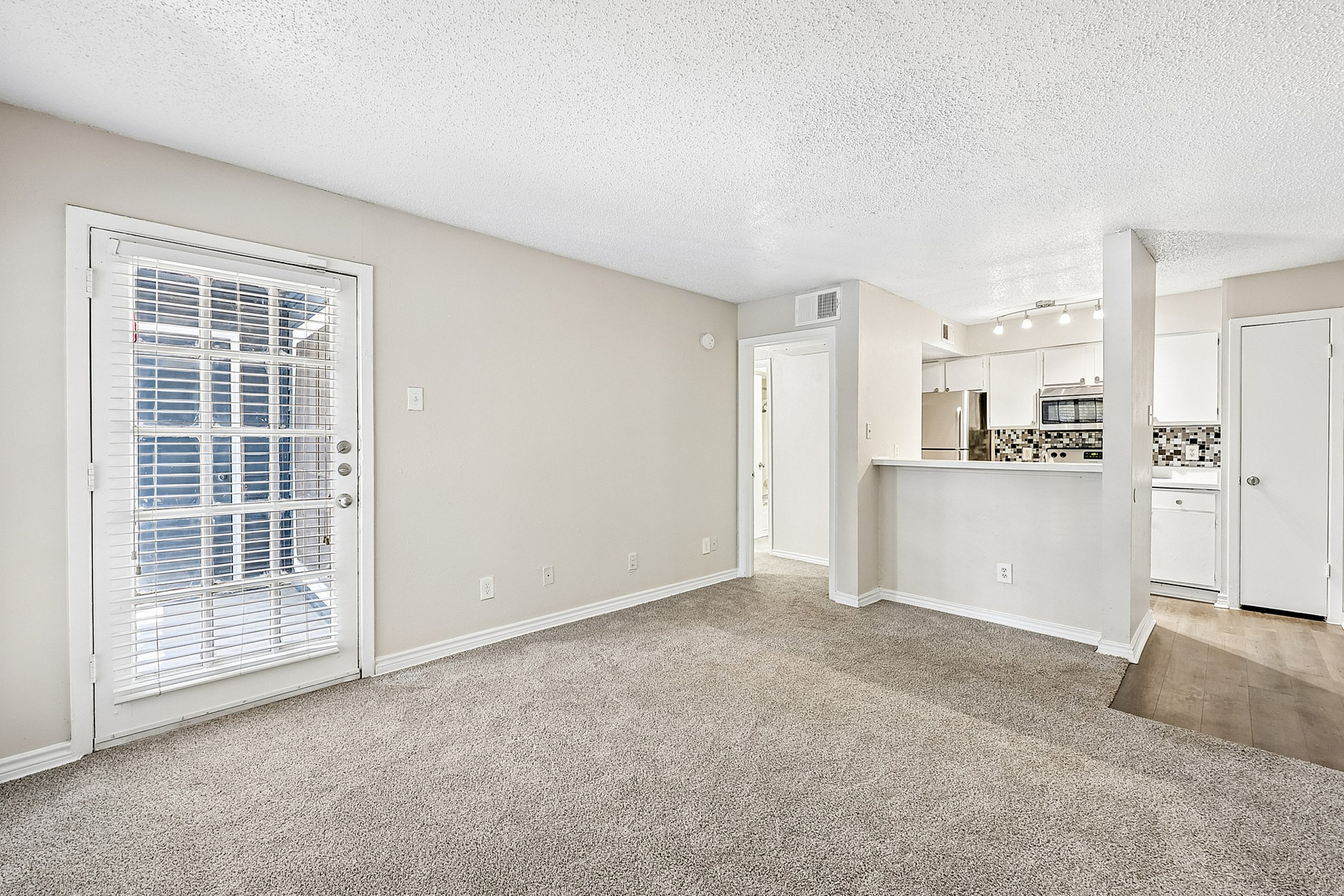 Inviting open living space in a modern apartment with plush carpeting, natural light through French doors, and a sleek kitchen featuring stainless steel appliances and stylish backsplash.