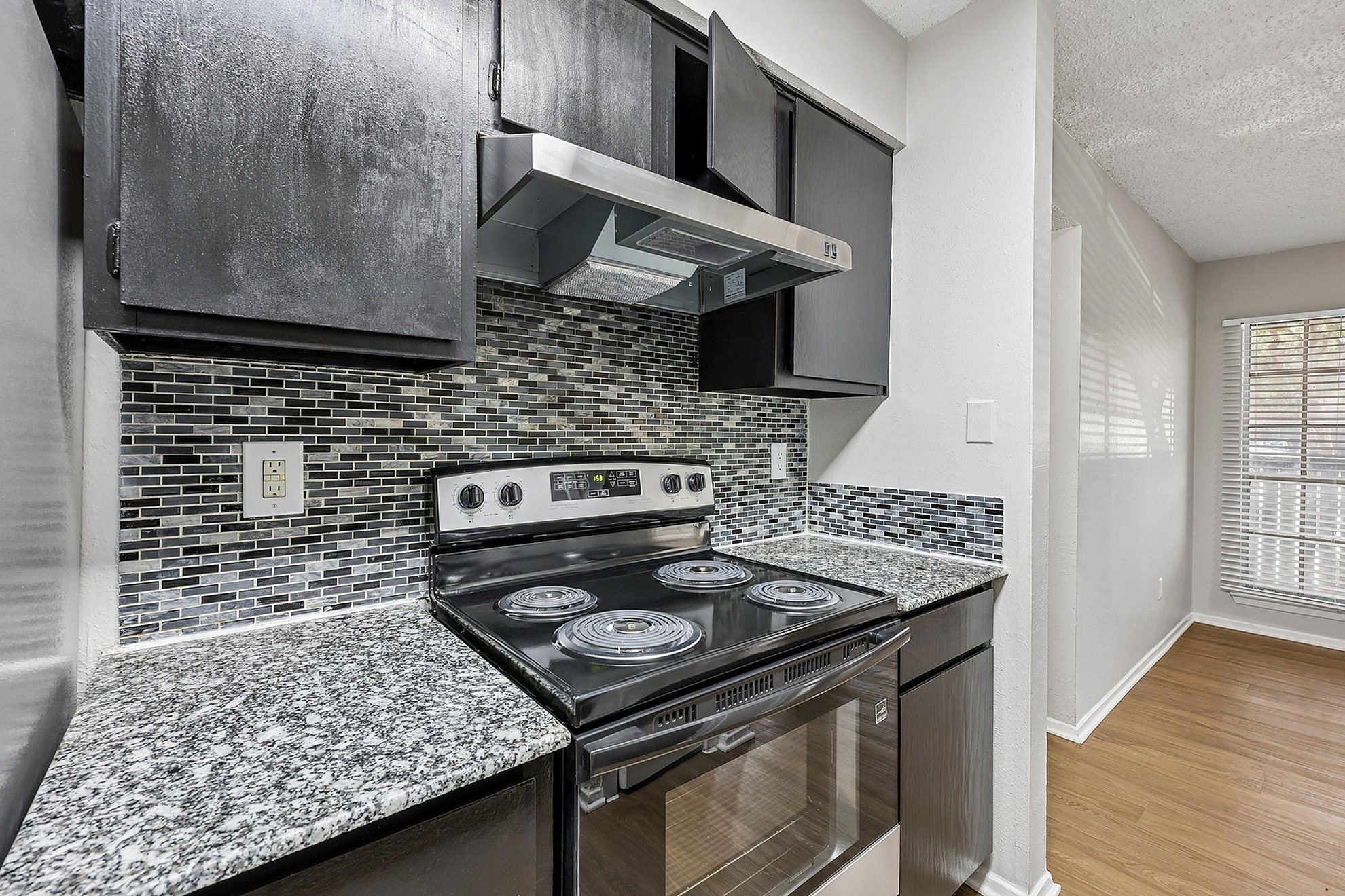 Modern kitchen with sleek black cabinetry, stylish backsplash, and stainless steel stove, bathed in natural light.