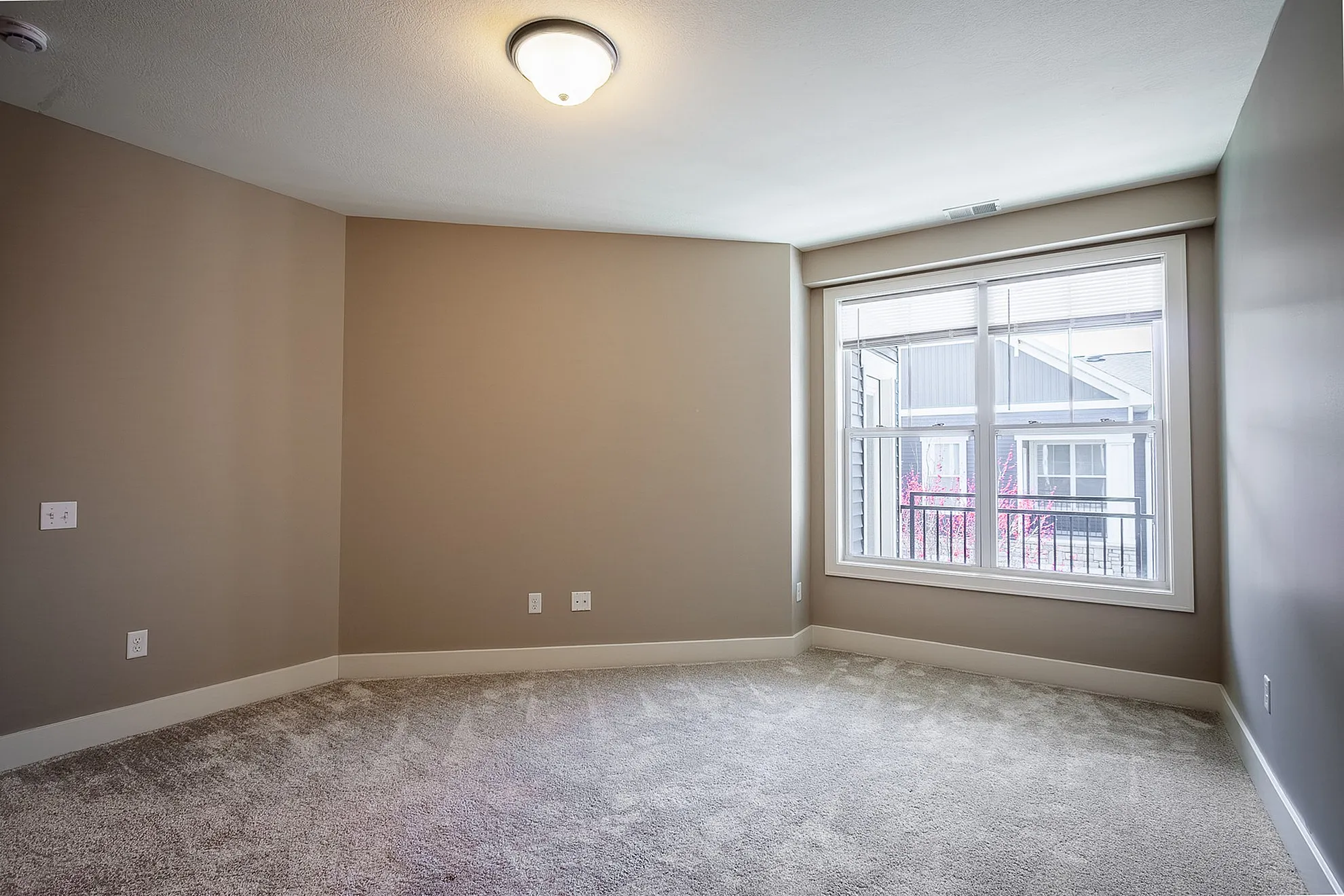 Bright and spacious empty room with plush carpeting and large window, perfect for customization and ample natural light.