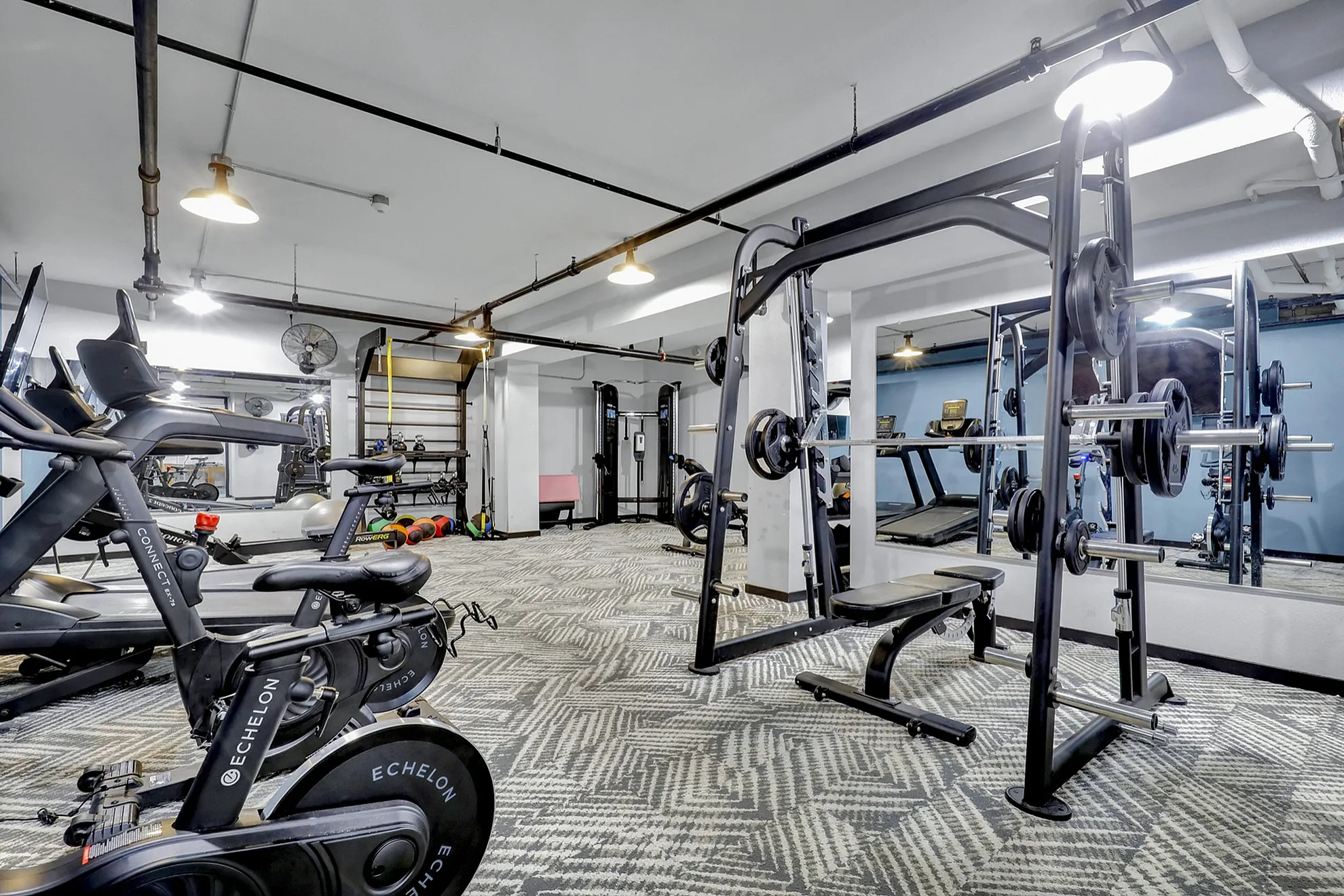 Contemporary apartment gym featuring state-of-the-art exercise equipment, including treadmills, stationary bikes, and weightlifting machines.