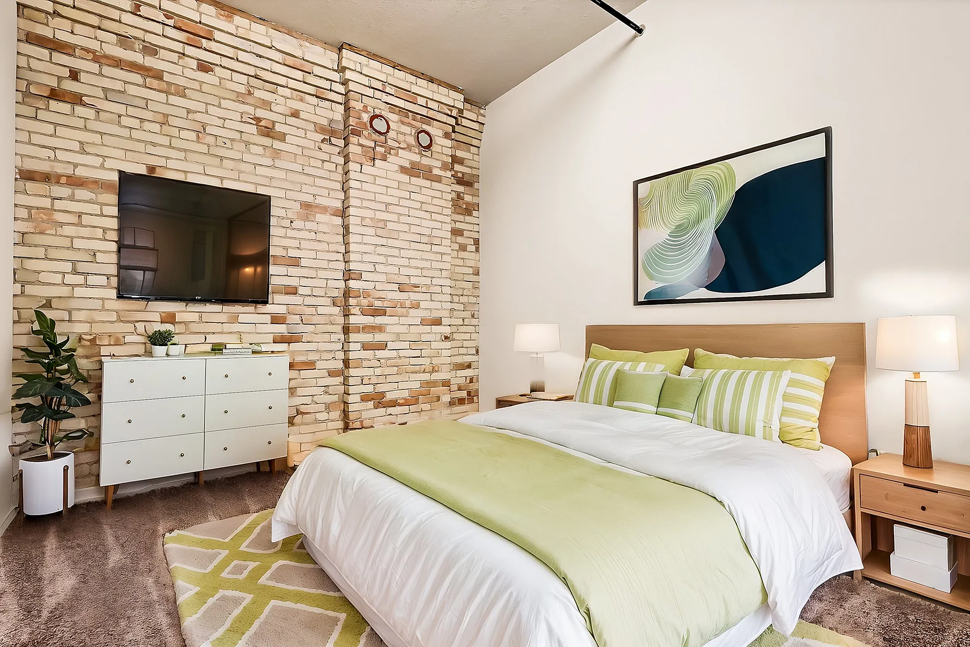 Chic bedroom with cozy green and white bedding, stylish exposed brick wall, and modern decor elements.