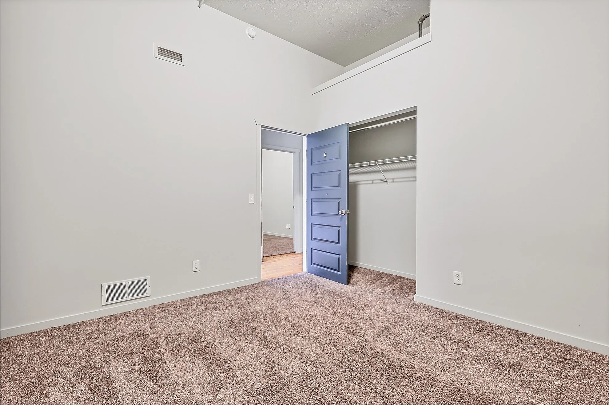 Bright, spacious bedroom with plush carpeting and a modern closet, accentuated by a stylish blue door.
