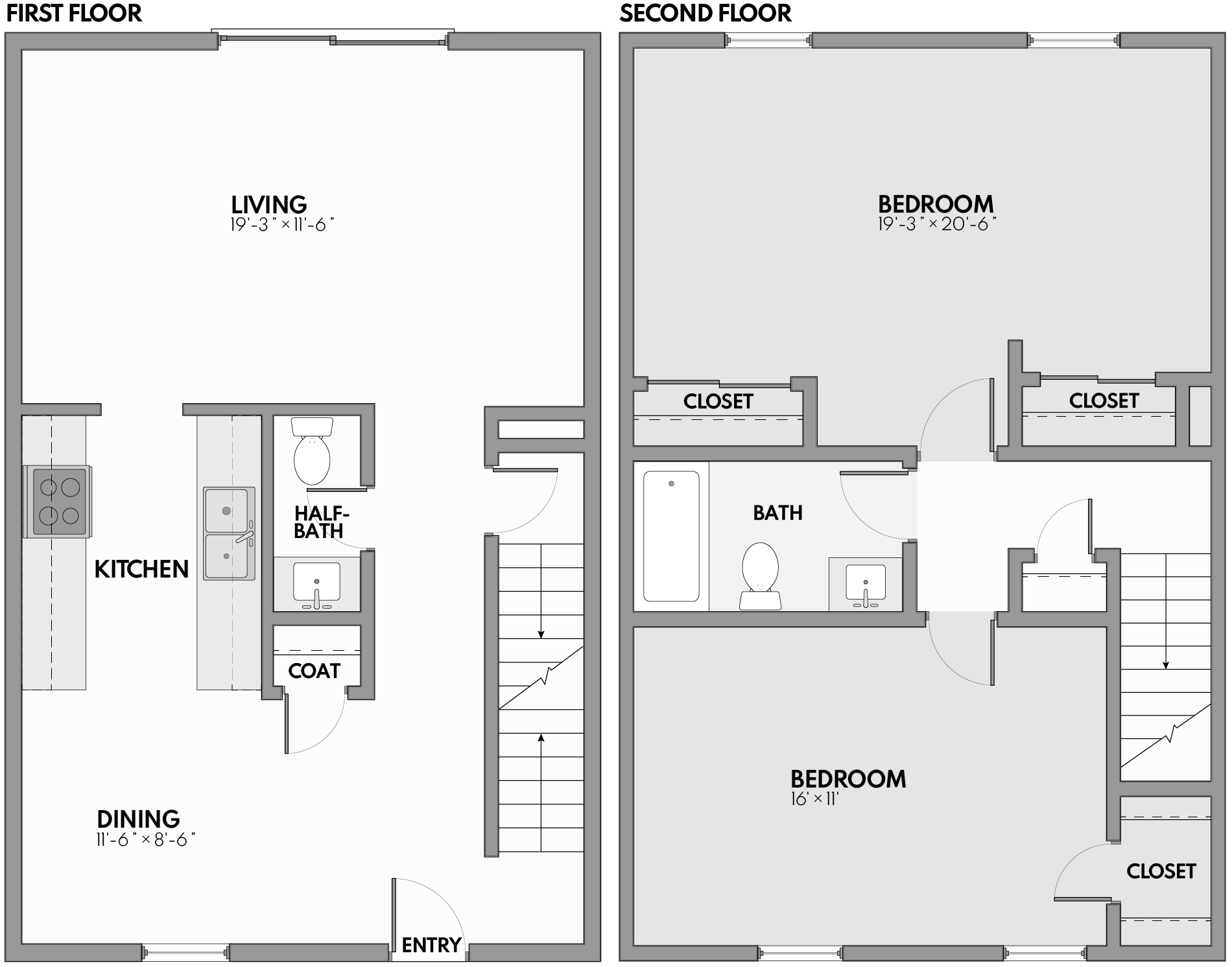 Contemporary two-story floor plan featuring spacious living room, modern kitchen, and dining area on the first floor; two bedrooms with ample closet space and a full bath on the second floor. Ideal for comfortable and stylish living.