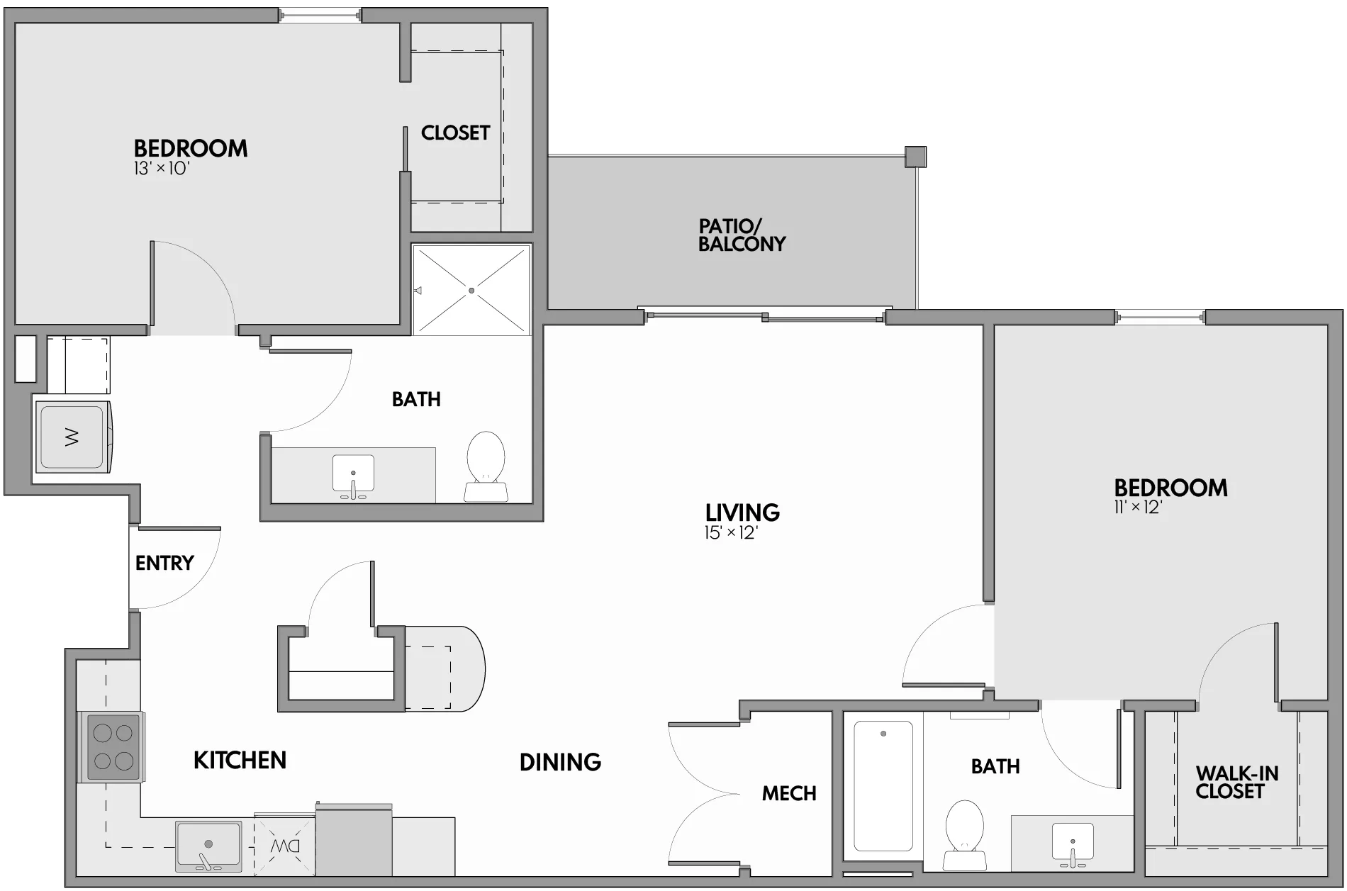 Modern floor plan featuring two bedrooms, an open living area, a sleek kitchen, and a private patio balcony.