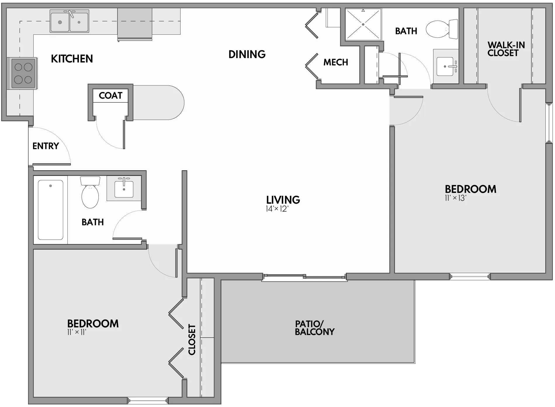 Elegant floor plan featuring 2 bedrooms, spacious living and dining areas, modern kitchen, and a charming patio/balcony.