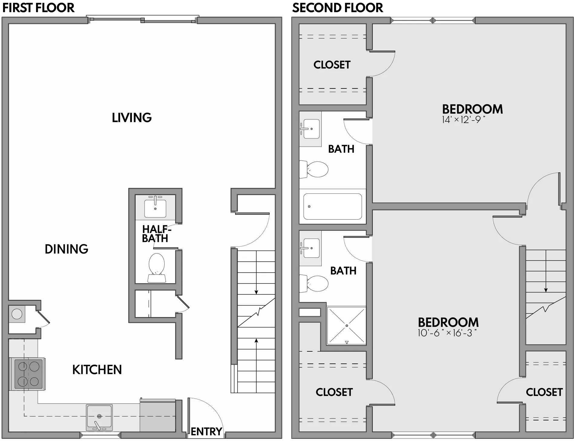 Charming 2-story floor plan featuring an open-concept living and dining area, a modern kitchen on the first floor, and 2 spacious bedrooms each with an en-suite bath and ample closet space on the second floor.