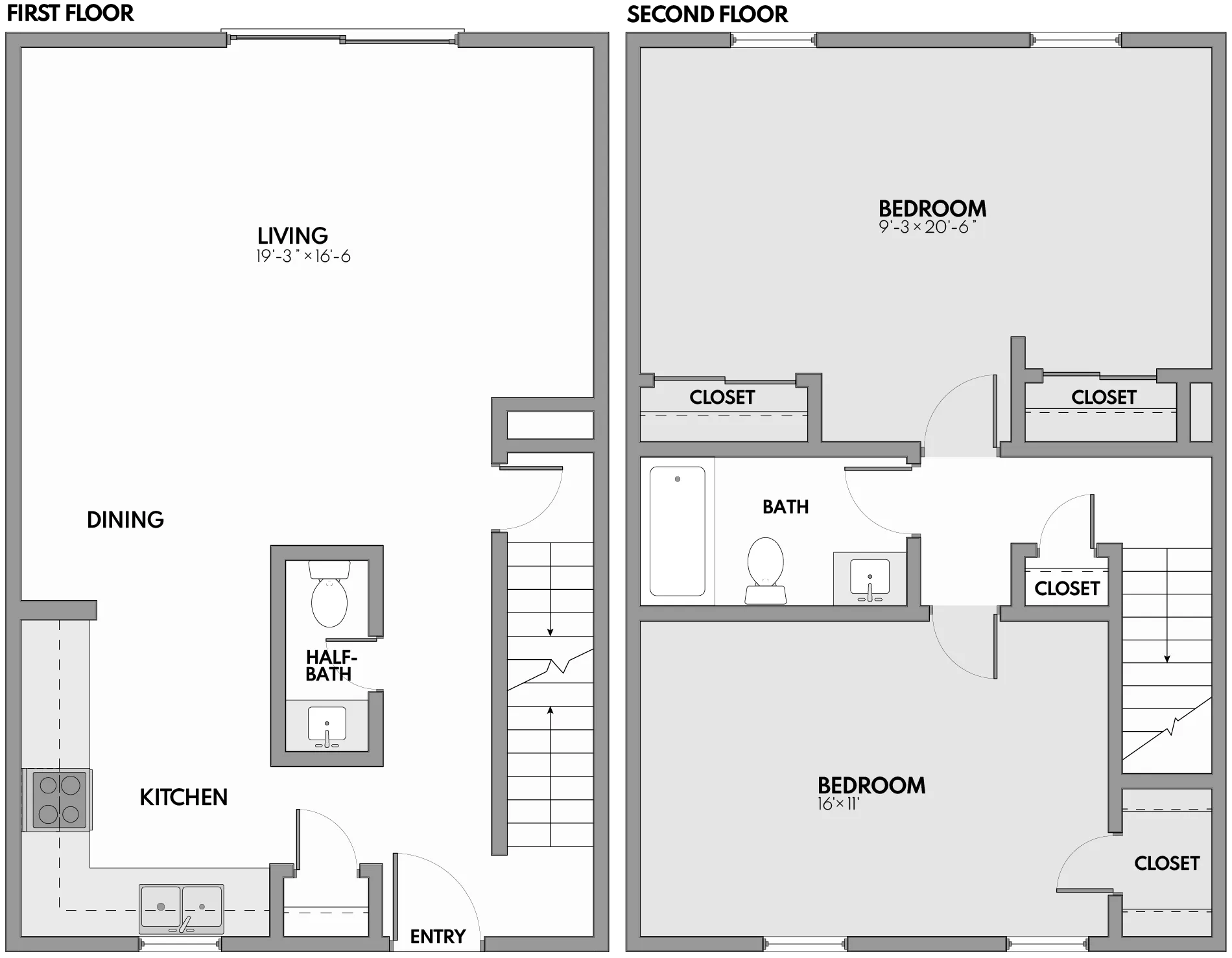 Stylish two-story floor plan featuring an open-concept living and dining area, modern kitchen, two spacious bedrooms with ample closet space, and a convenient half-bath on the first floor.