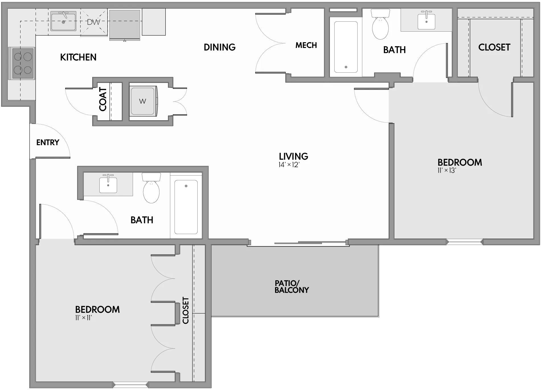 Modern floor plan with two spacious bedrooms, a stylish open-concept living area, and a private patio for relaxation.