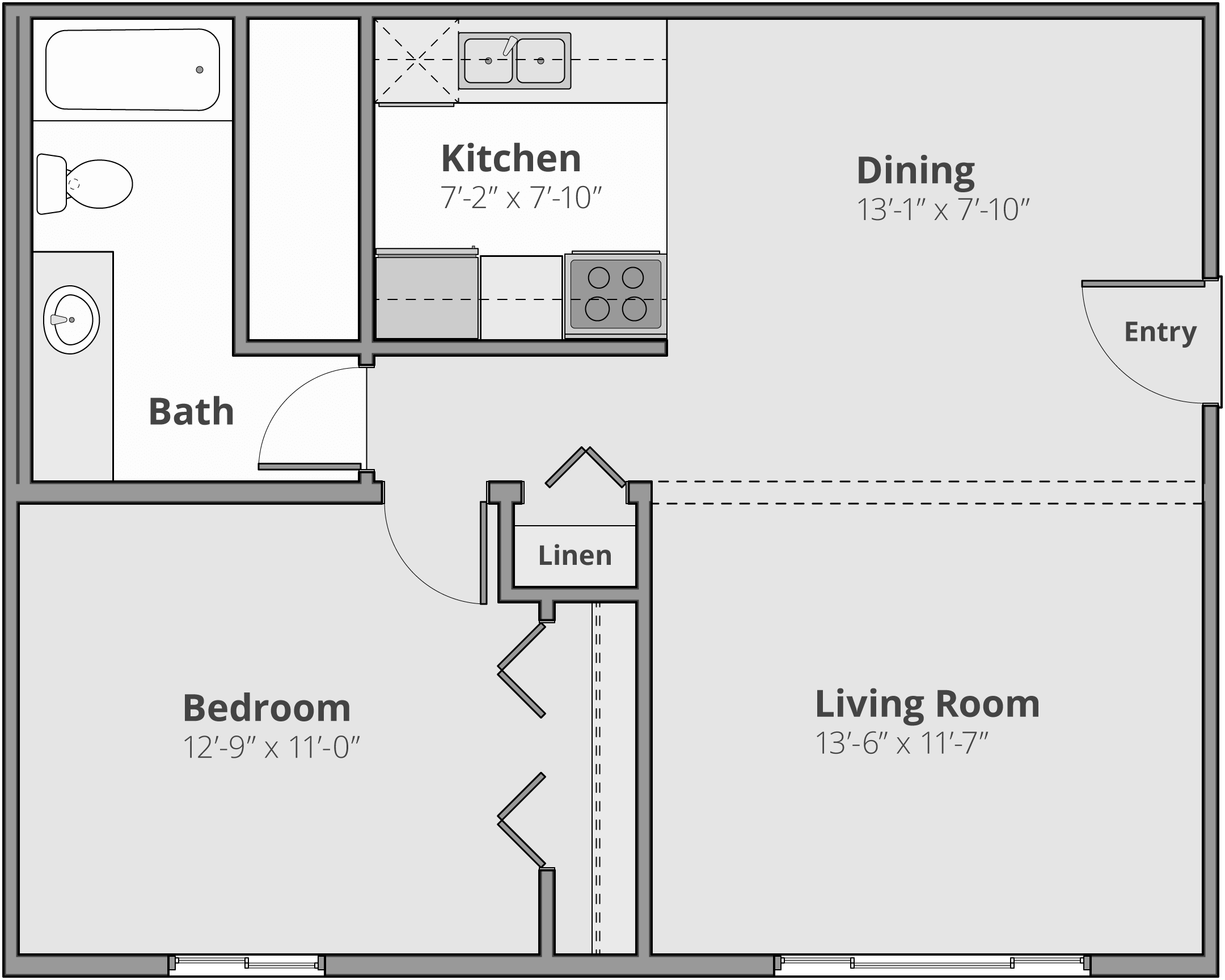 Cozy floor plan featuring a spacious bedroom, open-plan kitchen and dining area, and inviting living room. Includes a modern bath and convenient linen storage.