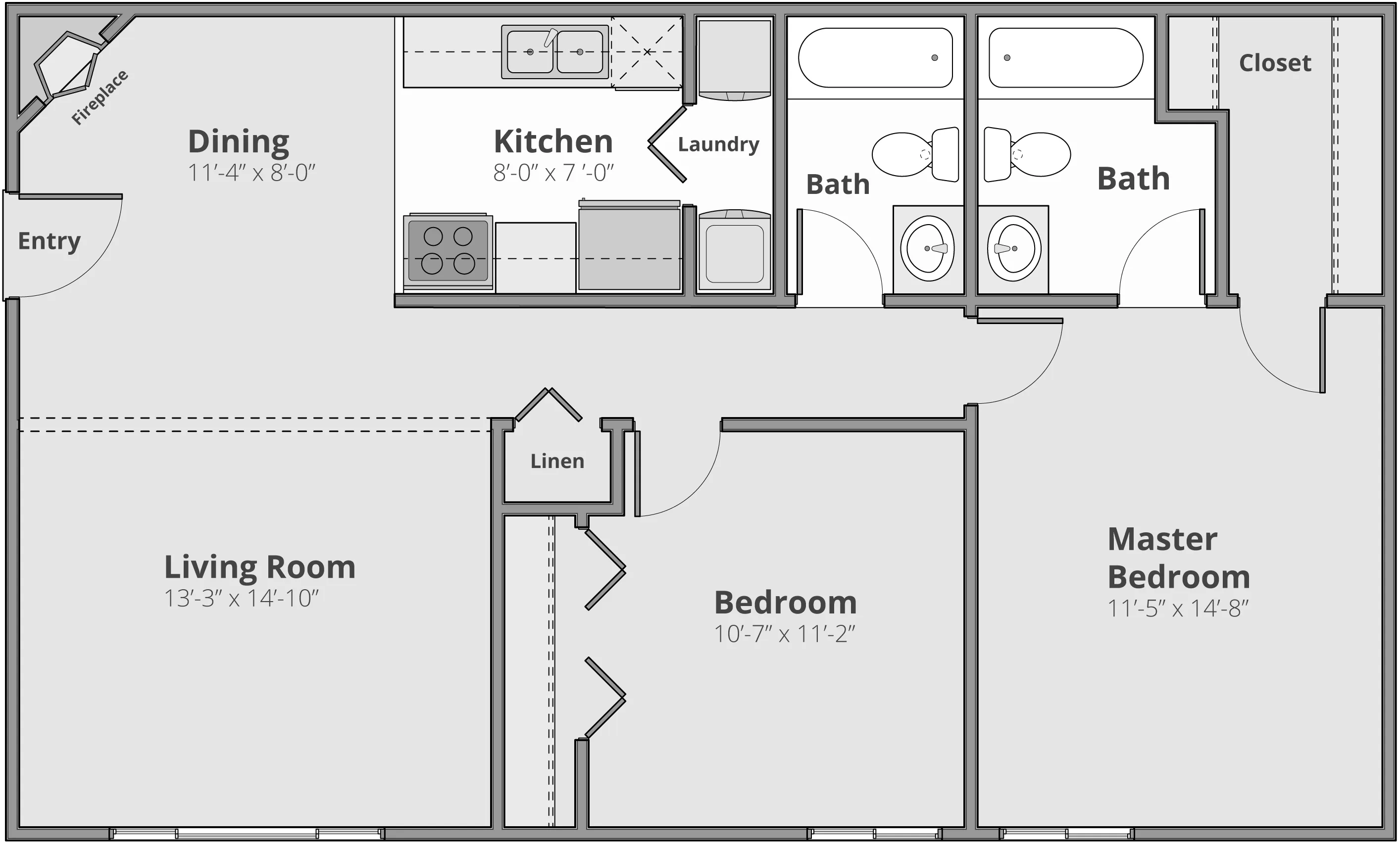 Contemporary floor plan with 2 bedrooms, 2 baths, open living and dining area, kitchen with laundry space, and a cozy fireplace.