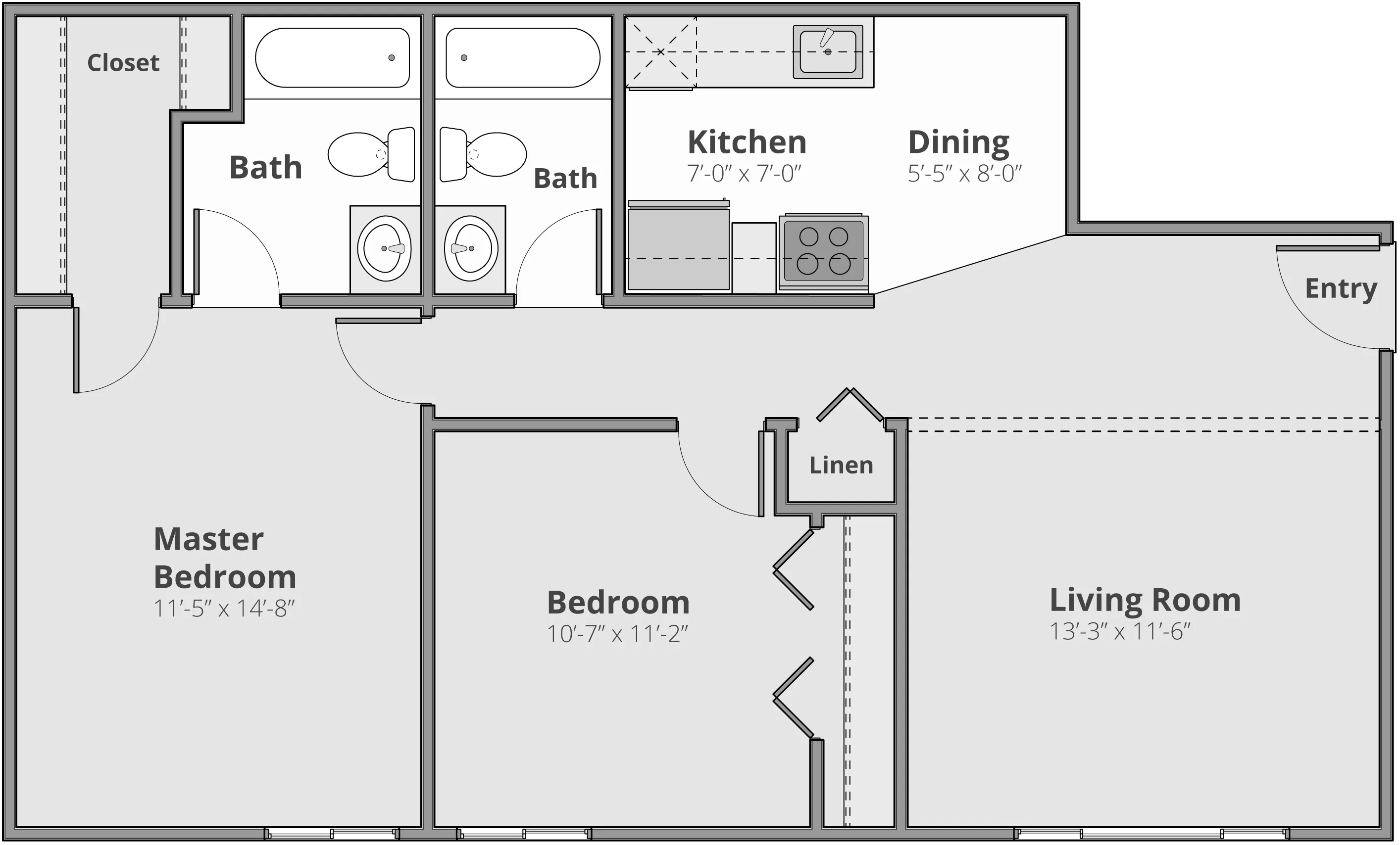 Modern floor plan with a spacious master bedroom, additional bedroom, open living room, cozy kitchen, and dining area, complemented by two bathrooms and a convenient linen closet.