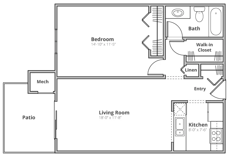 Spacious 2D floor plan featuring a large bedroom, open living room, modern kitchen, bathroom, and a private patio for outdoor relaxation.