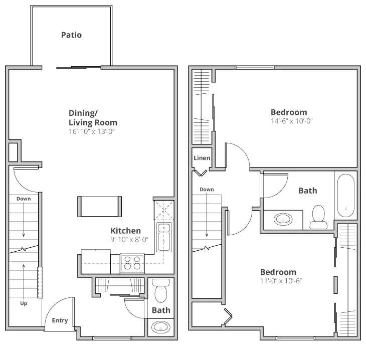 Chic two-story floor plan featuring an open dining and living area, modern kitchen, two bedrooms, two bathrooms, and a private patio.
