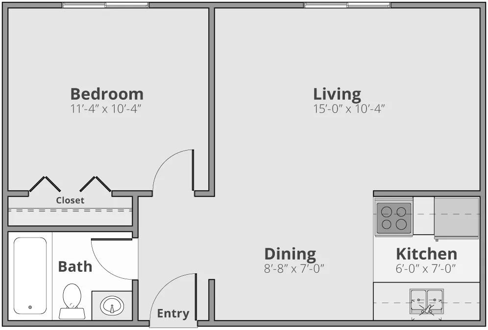 Modern 1-bedroom floor plan featuring spacious living and dining areas with a cozy kitchen, ideal for comfortable urban living.