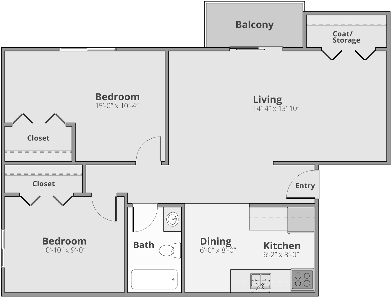 Modern floor plan showcasing a spacious 2-bedroom apartment with a cozy living area, compact kitchen, dining space, and a relaxing balcony.