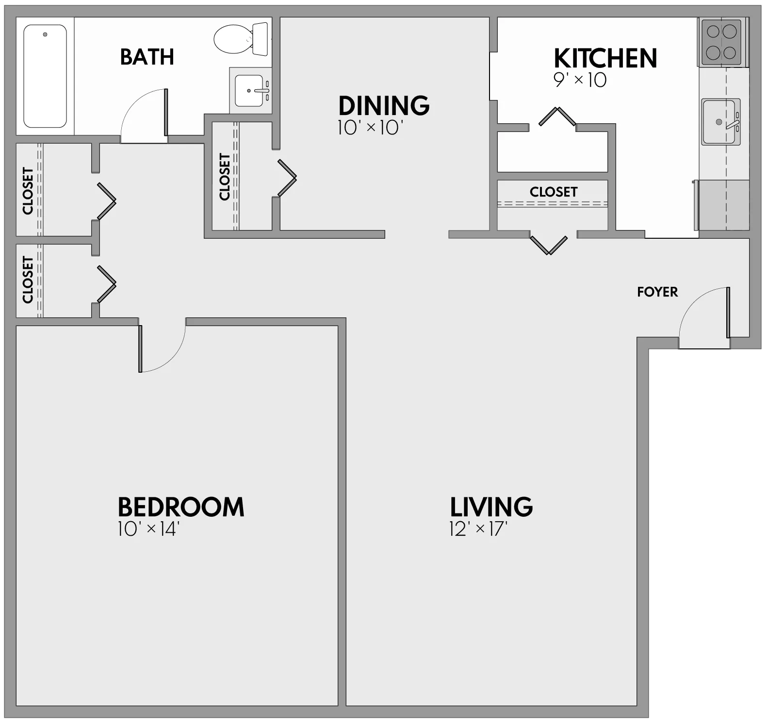Modern floor plan featuring a spacious bedroom, expansive living area, convenient kitchen, dining space, and well-appointed bath with ample closets.