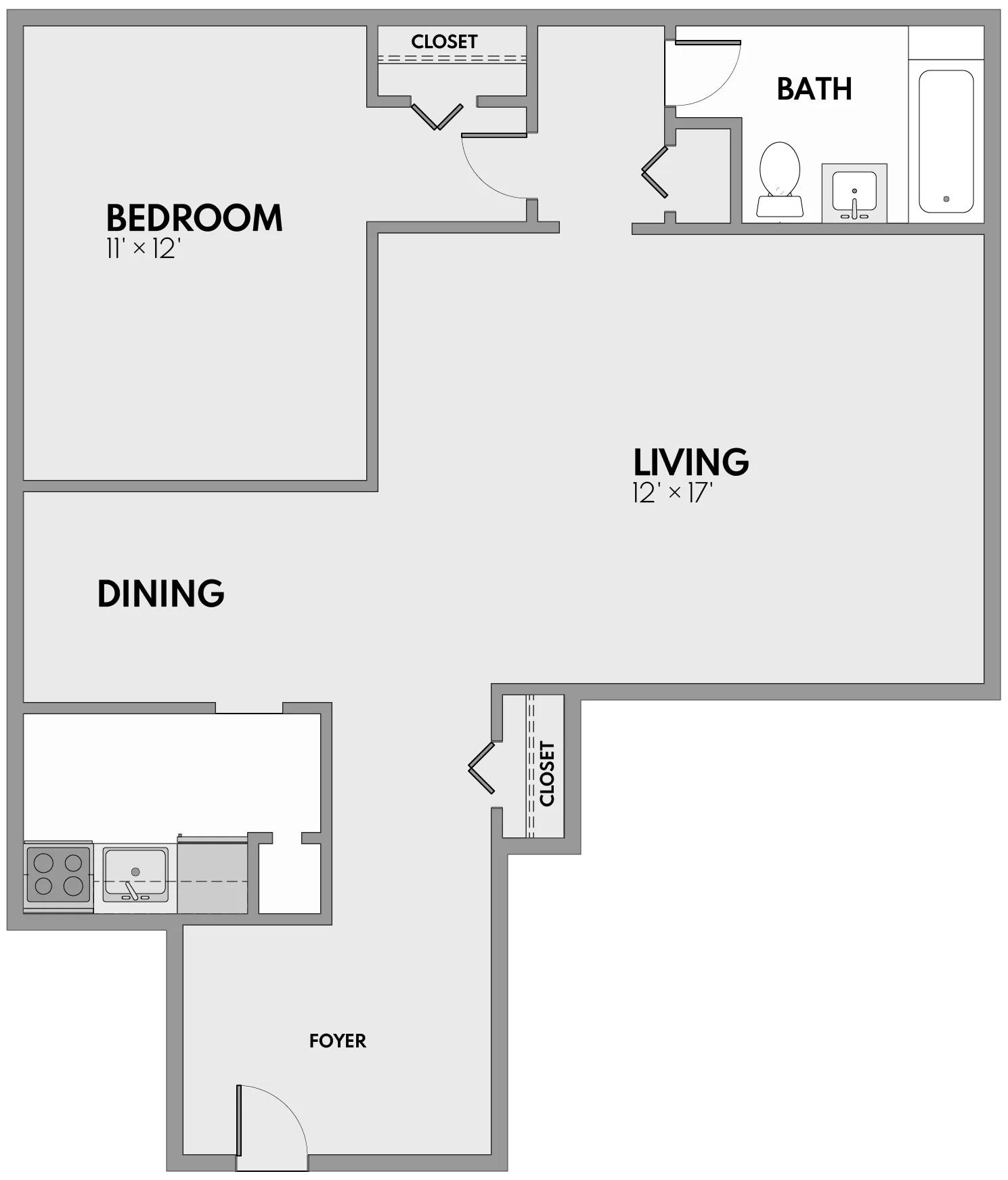 Modern floor plan featuring 1 bedroom, spacious living and dining area, cozy kitchen, and stylish bath with ample closet space.