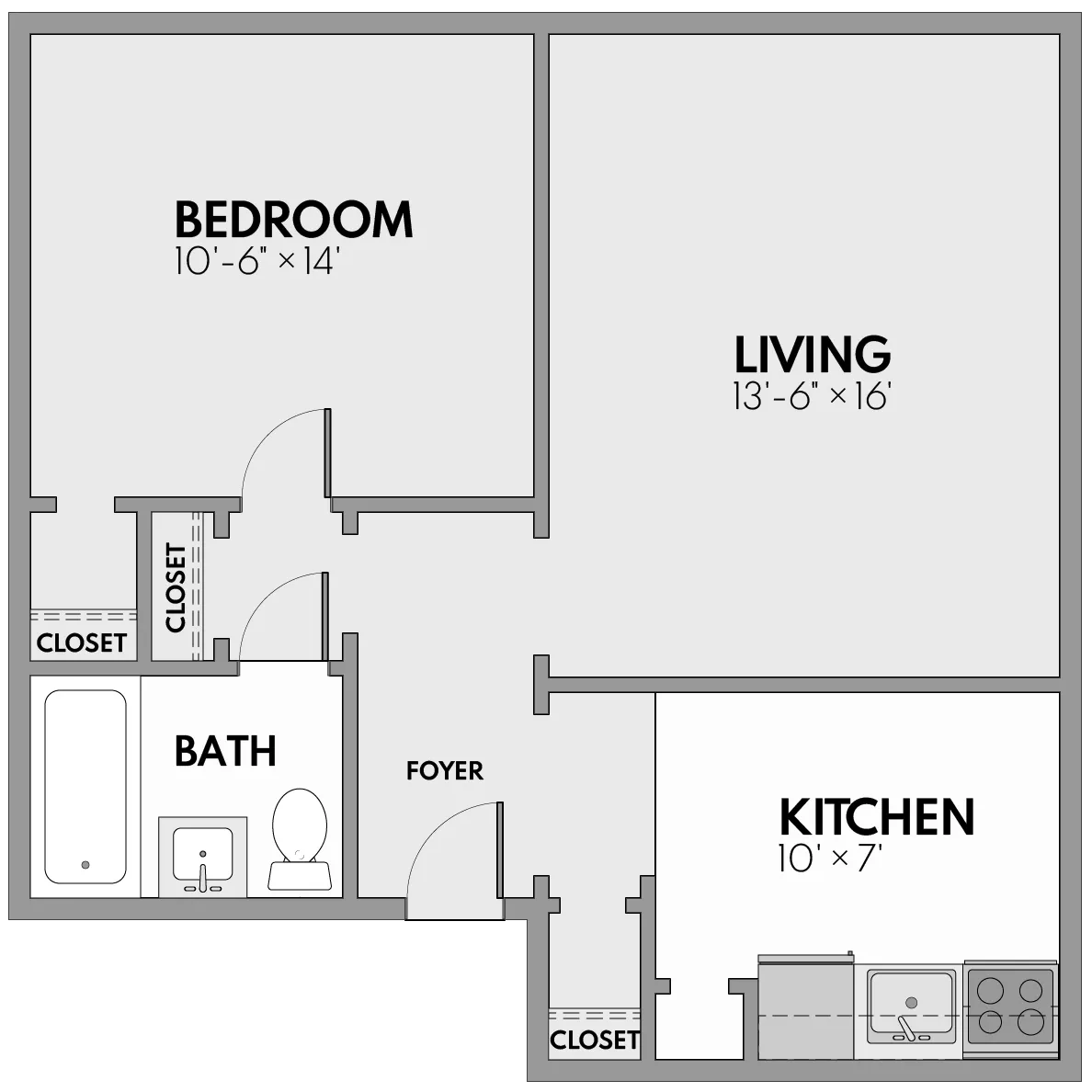 Modern floor plan featuring a spacious bedroom, stylish living area, functional kitchen, and well-appointed bath with ample closet space.