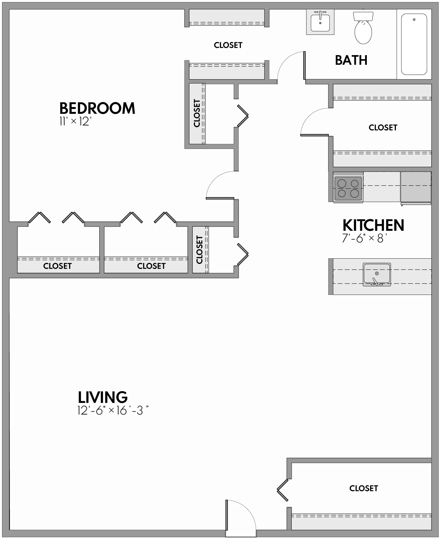 Chic floor plan showcasing 1 bedroom with ample closet space, a modern kitchen, and a spacious living area adjacent to a well-appointed bath.