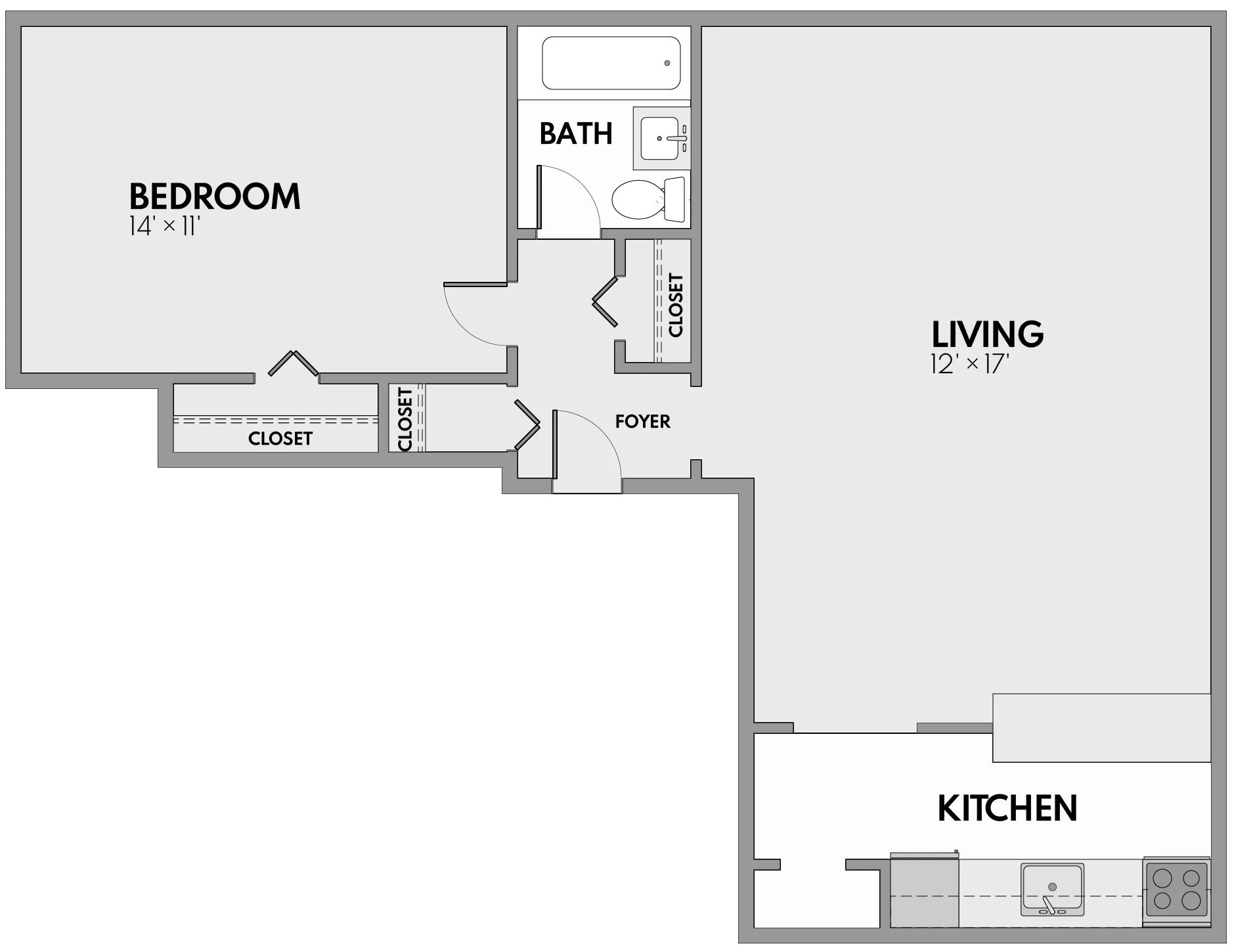 Chic floor plan showcasing a spacious bedroom, a modern living area, and a functional kitchen. Includes a cozy bath and ample storage with multiple closets.