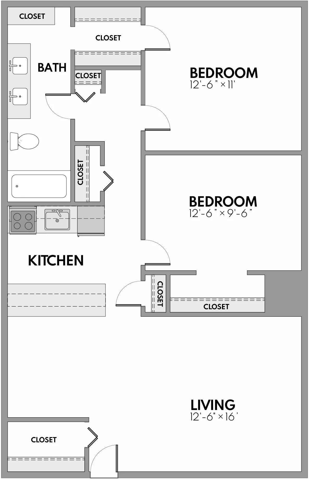 Modern floor plan showcasing 2 bedrooms, a spacious living area, stylish kitchen, and ample closet space.