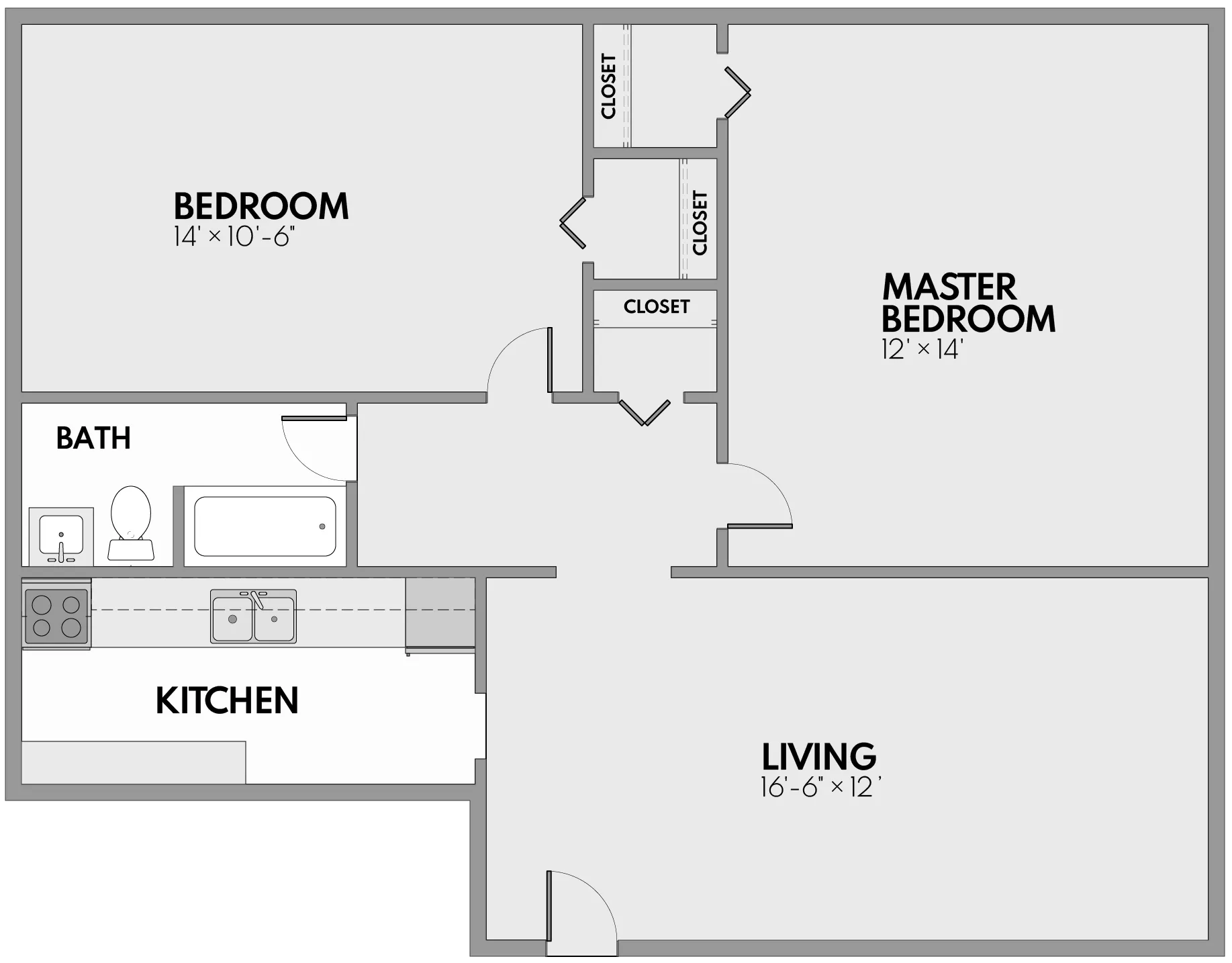 Modern apartment floor plan with a master bedroom, a secondary bedroom, spacious living area, kitchen, and bathroom, designed for comfortable living.