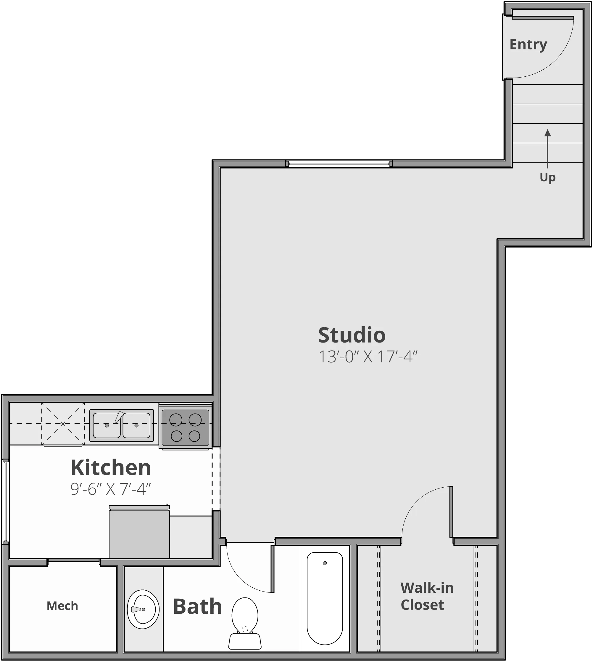 Modern studio apartment floor plan with a spacious 13\' x 17\' living area, compact kitchen, elegant bathroom, and a convenient walk-in closet.