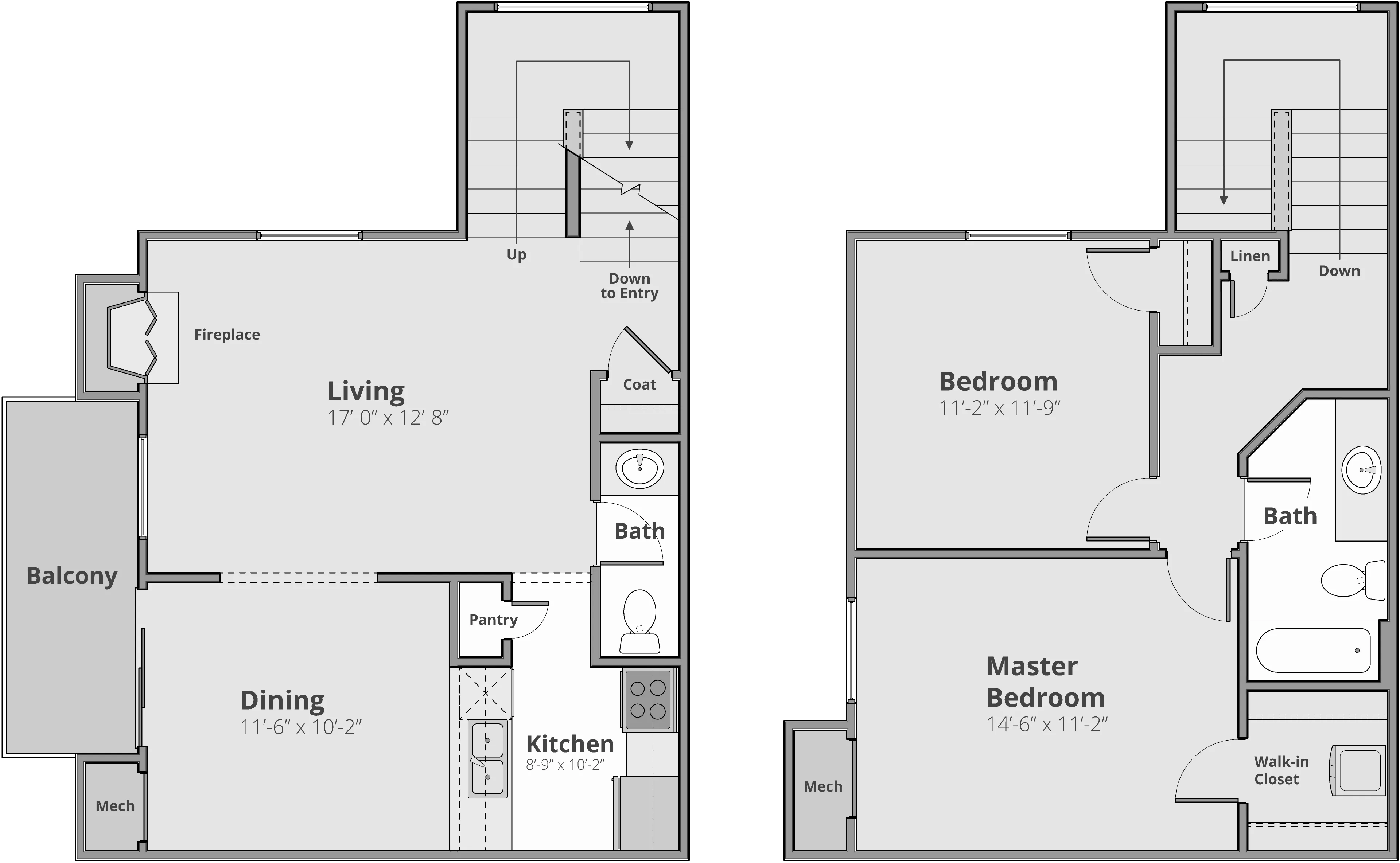 Modern two-story floor plan showcasing a spacious living area with a fireplace, an elegant dining room, an efficient kitchen with pantry, and comfortable master suite with a walk-in closet, plus an airy balcony.